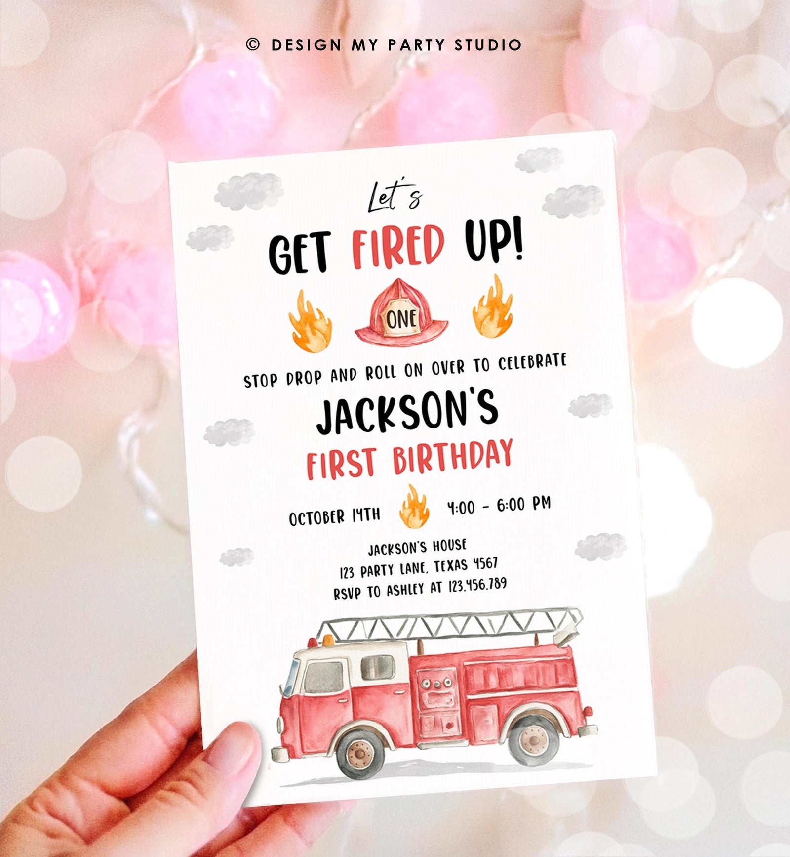 Editable Get Fired Up Birthday Invitation Firefighters Firetruck Fire Truck Boy Birthday Party Digital Evite Template Printable 0564