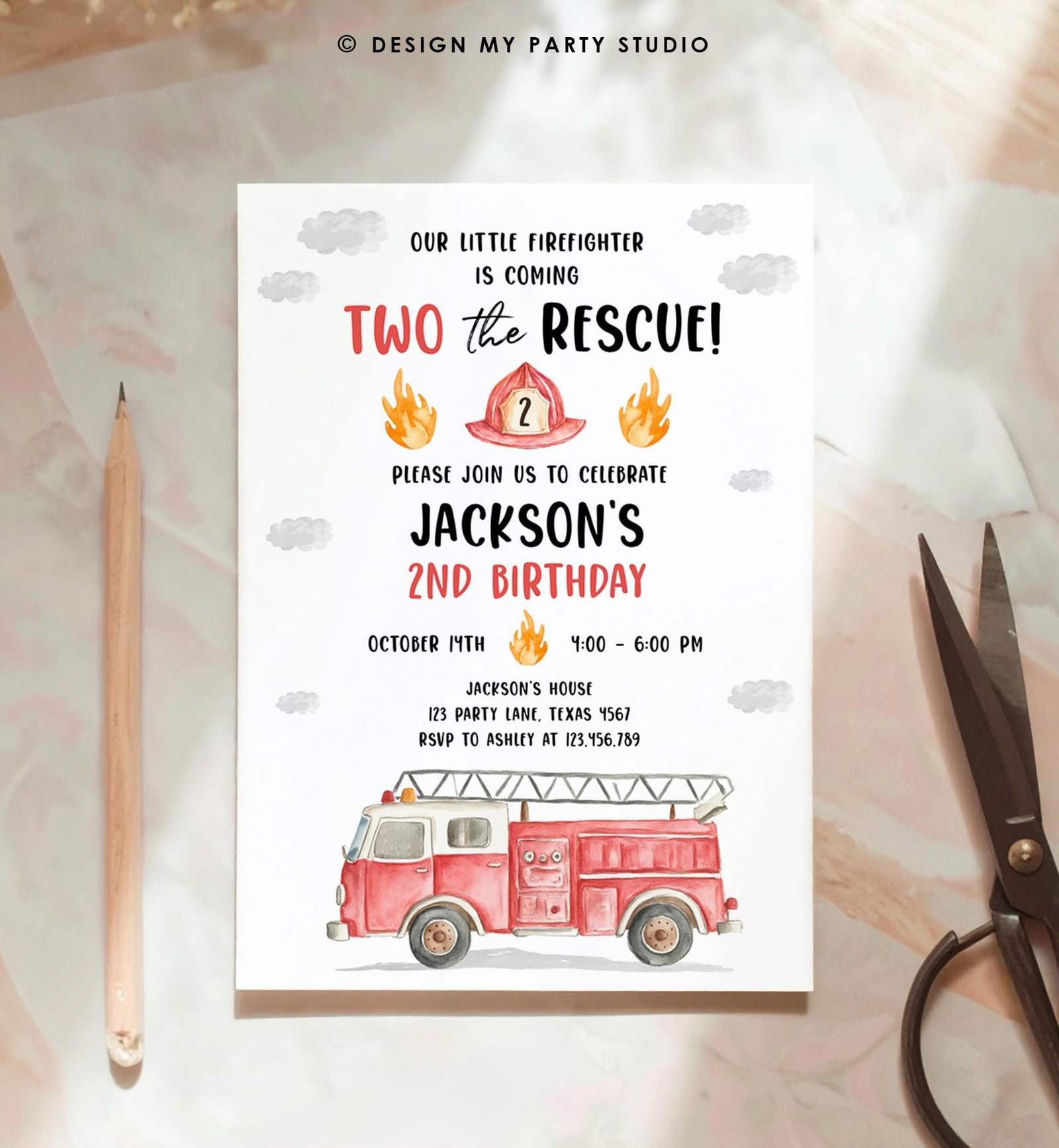 Editable Two the Rescue Birthday Invitation Firetruck Firefighter Boy 2nd Second Birthday Digital Download Evite Template Printable 0564