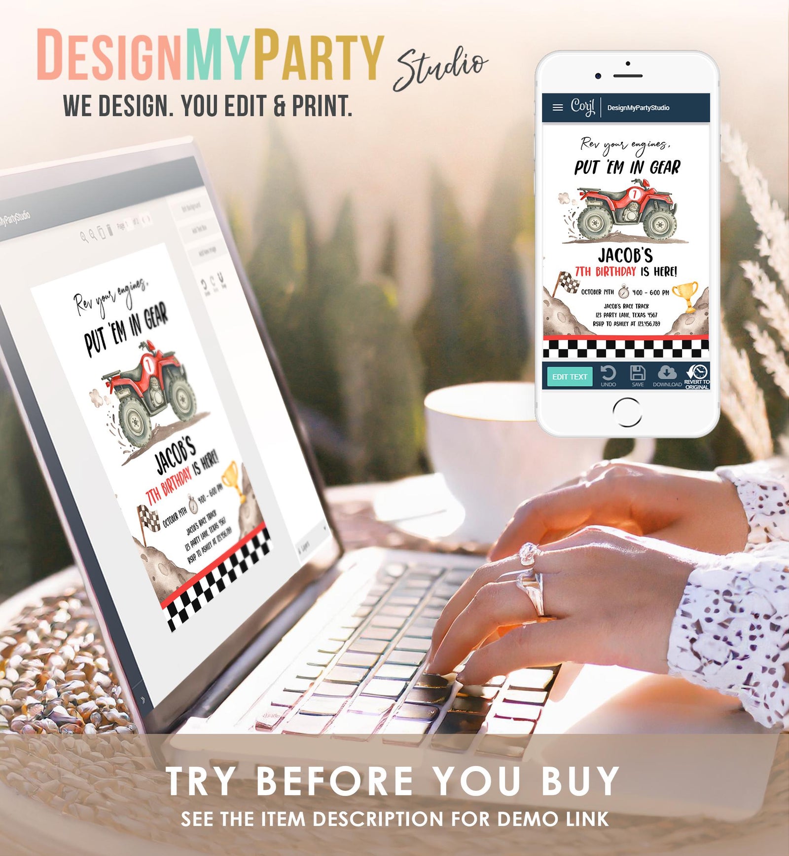 Editable Quad Birthday Invitation ATV Rev Your Engines Race on Over Off-Road Vehicle Red Boy Digital Template Printable 0566