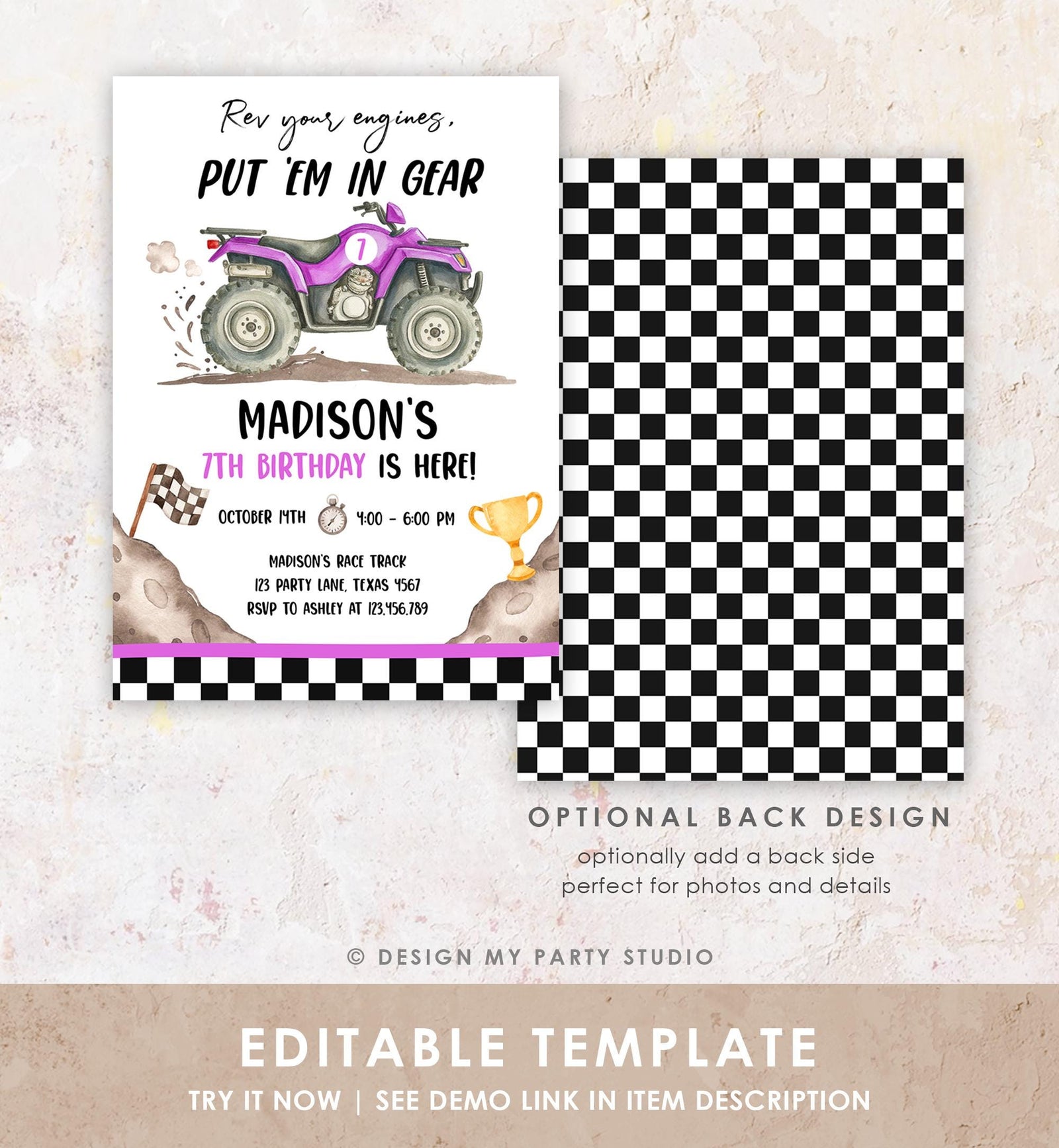 Editable Quad Birthday Invitation ATV Rev Your Engines Race on Over Off-Road Vehicle Purple Girl Digital Evite Template Printable 0566