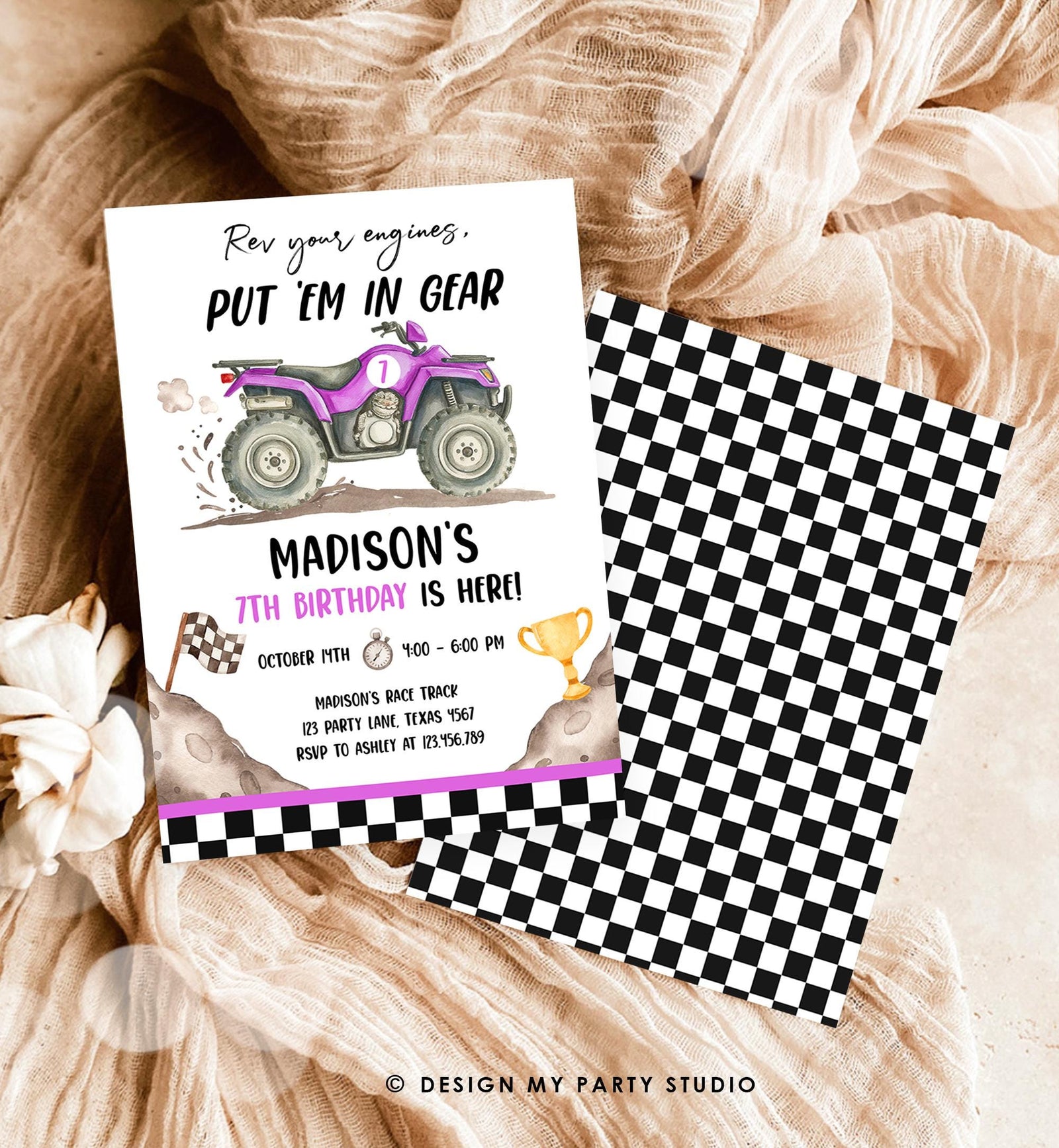 Editable Quad Birthday Invitation ATV Rev Your Engines Race on Over Off-Road Vehicle Purple Girl Digital Evite Template Printable 0566