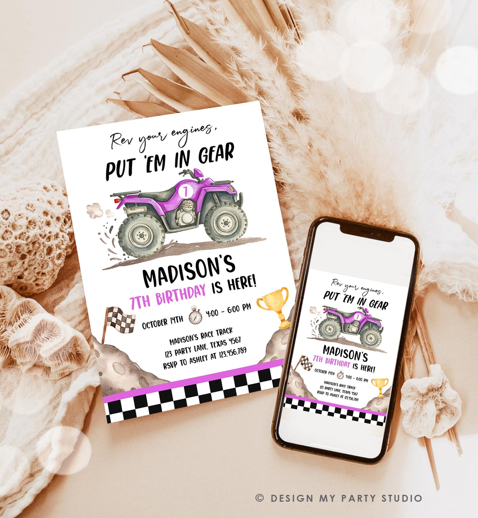 Editable Quad Birthday Invitation ATV Rev Your Engines Race on Over Off-Road Vehicle Purple Girl Digital Evite Template Printable 0566