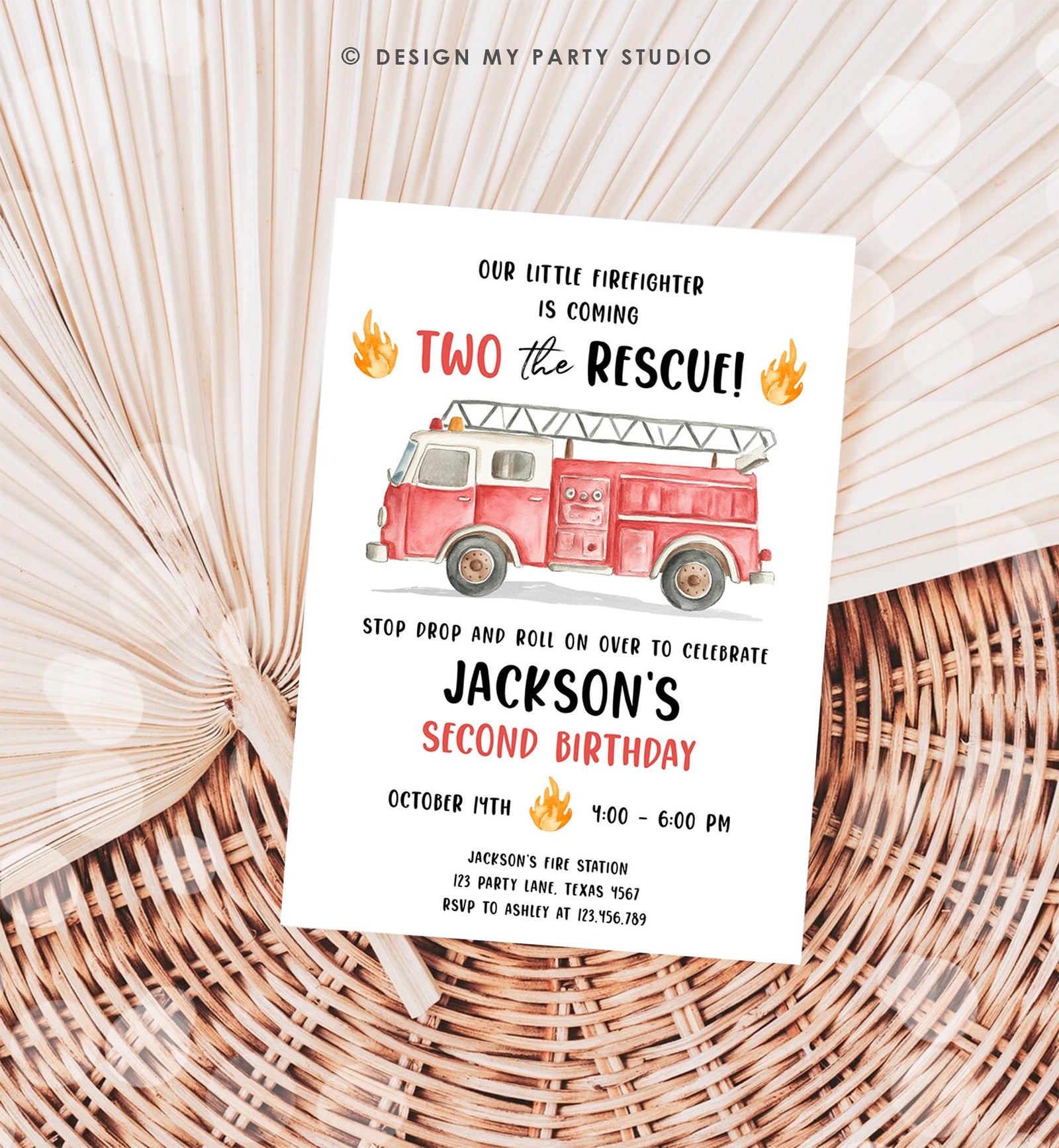 Editable Two the Rescue Birthday Invitation Firetruck Firefighter Boy 2nd Second Birthday Digital Download Evite Template Printable 0564