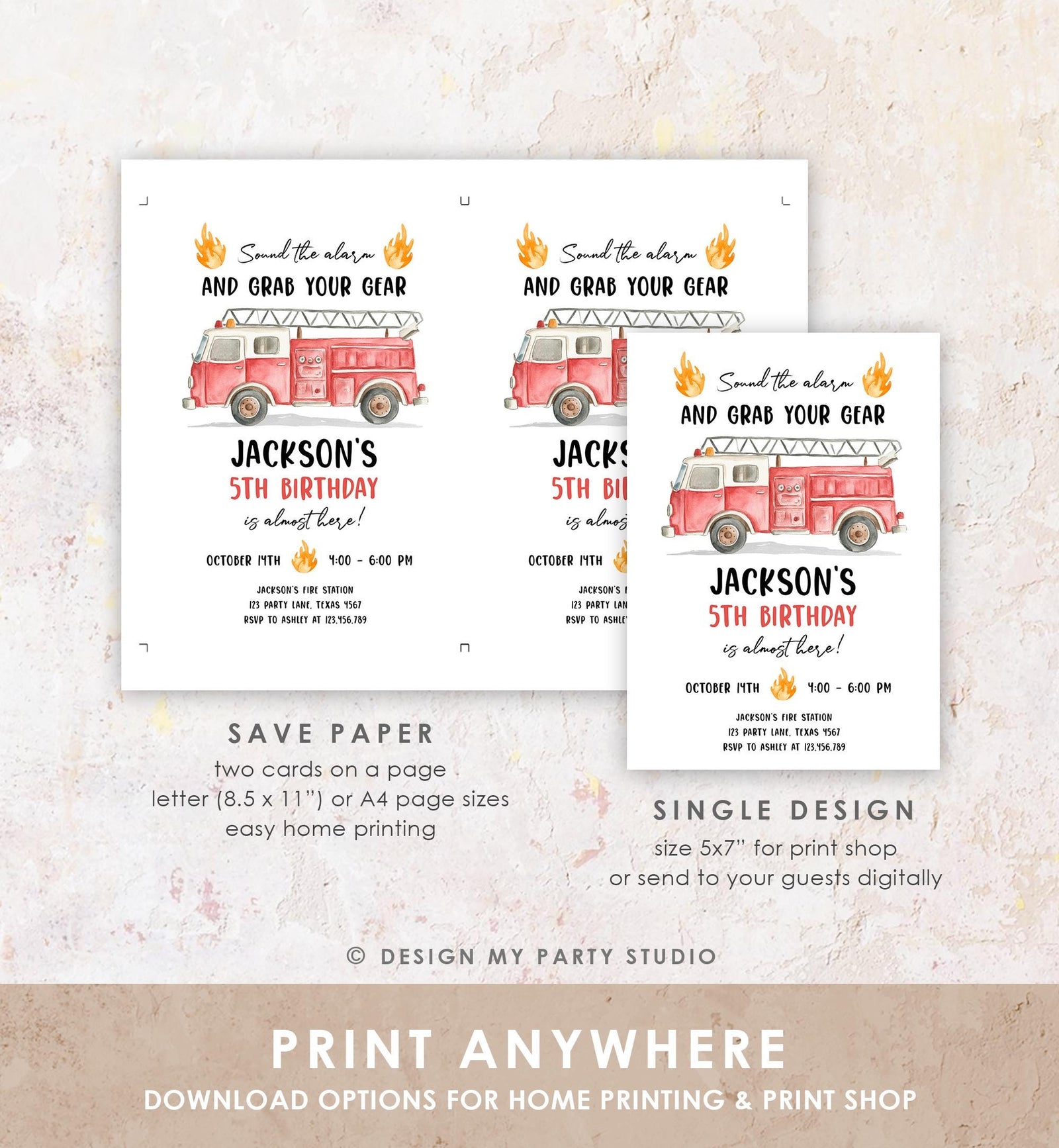Editable Firetruck Birthday Invitation Boy Fire Truck Firefighter Fire Engine Sound the Alarm Digital Download Evite Template Printable 0564