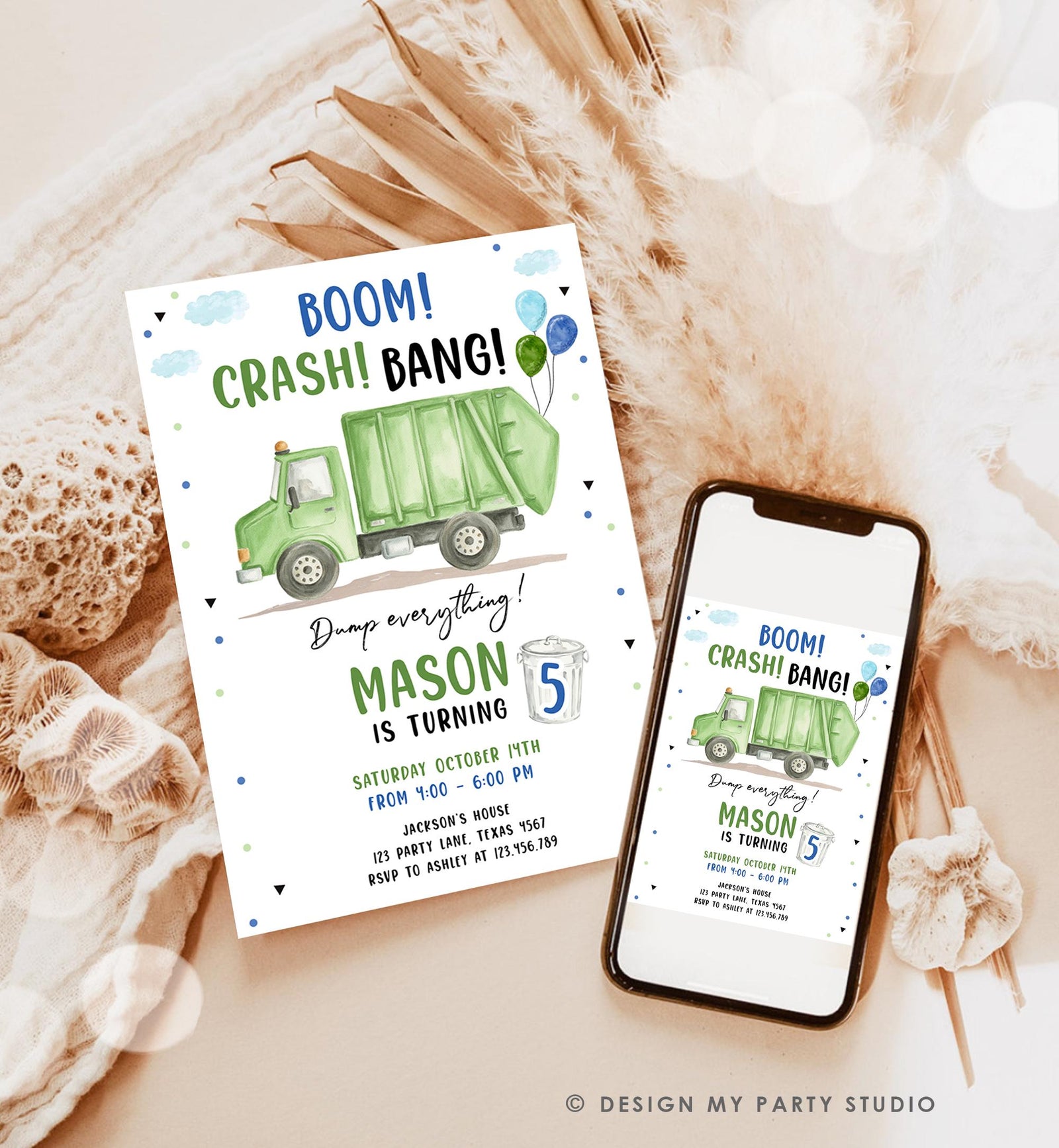 Editable Garbage Truck Birthday Invitation Trash Boom Crash Bang Green Truck Boy Birthday Party Digital Evite Template Printable 0565