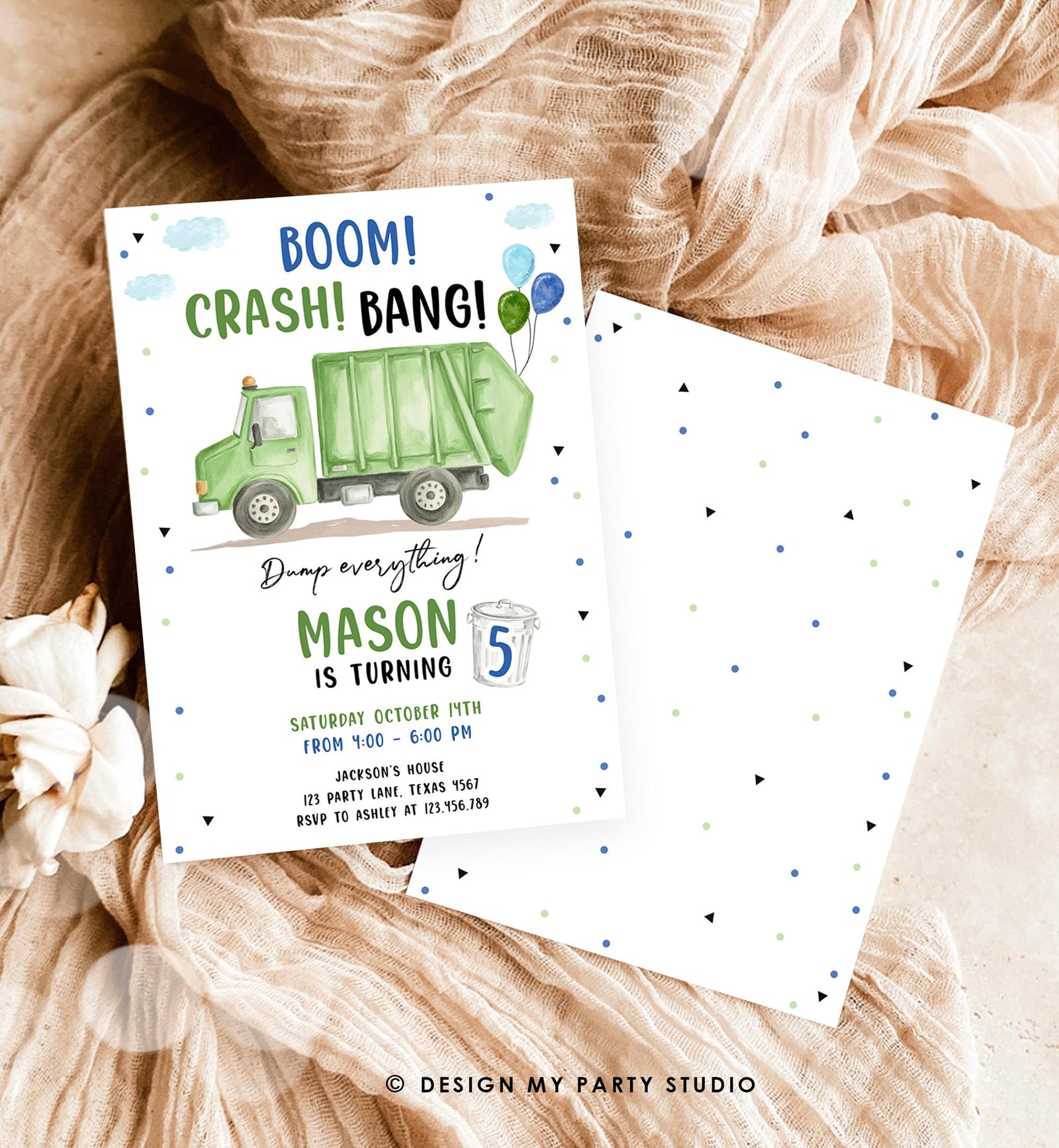 Editable Garbage Truck Birthday Invitation Trash Boom Crash Bang Green Truck Boy Birthday Party Digital Evite Template Printable 0565