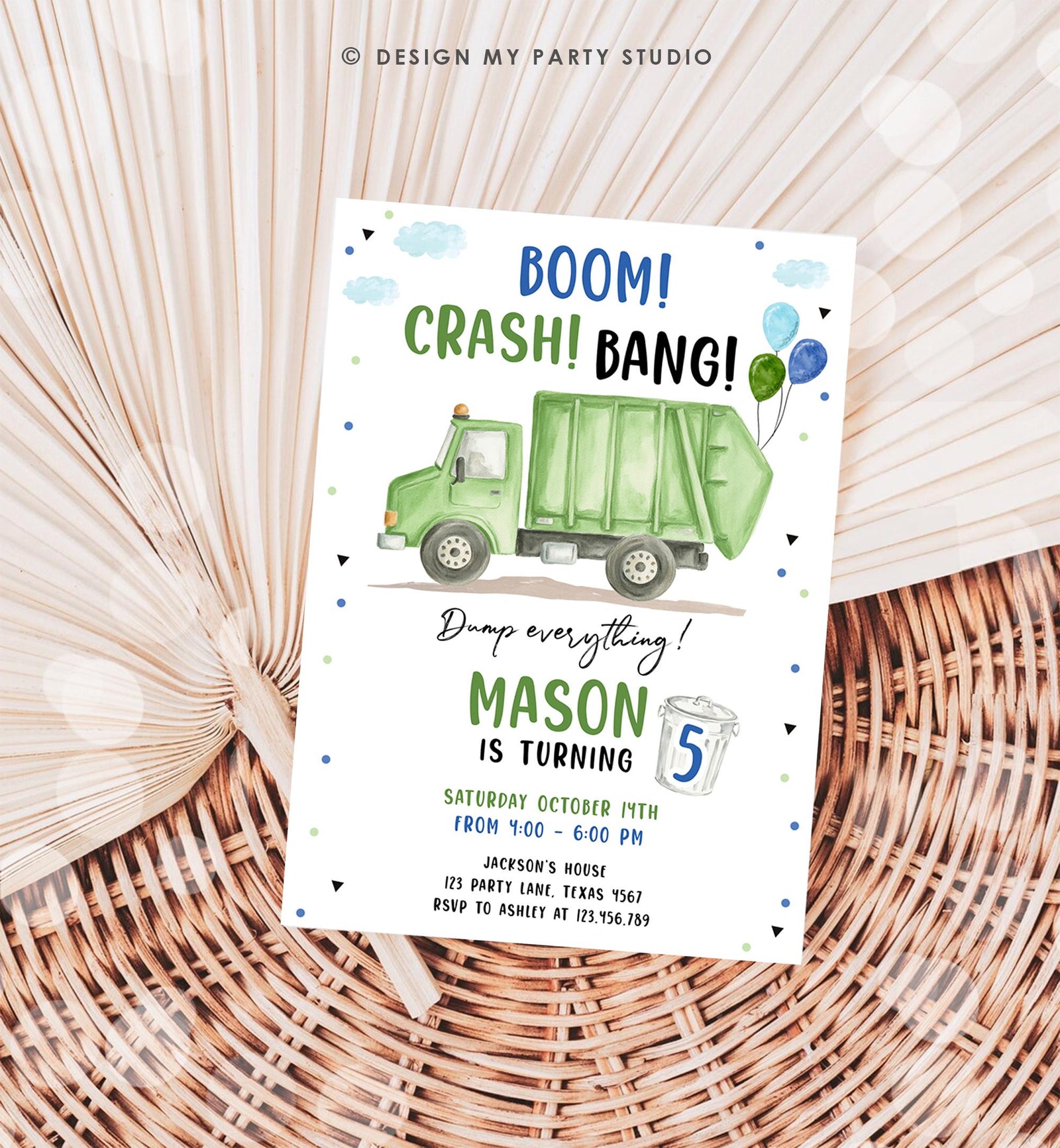 Editable Garbage Truck Birthday Invitation Trash Boom Crash Bang Green Truck Boy Birthday Party Digital Evite Template Printable 0565