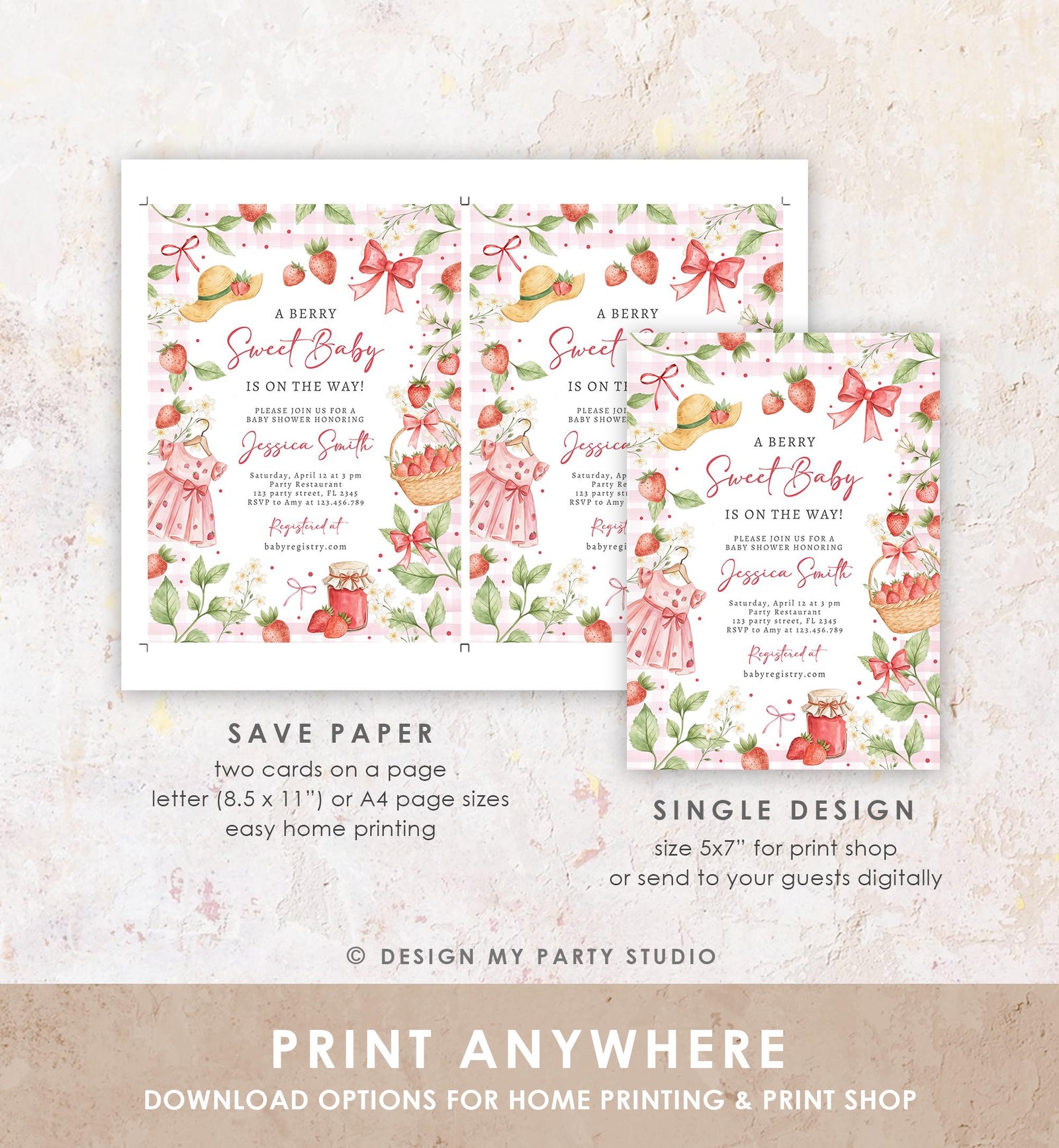 Editable Strawberry Baby Shower Invitation Cute Berry Sweet Baby Girl Strawberries Summer Digital Download Template Printable 0567