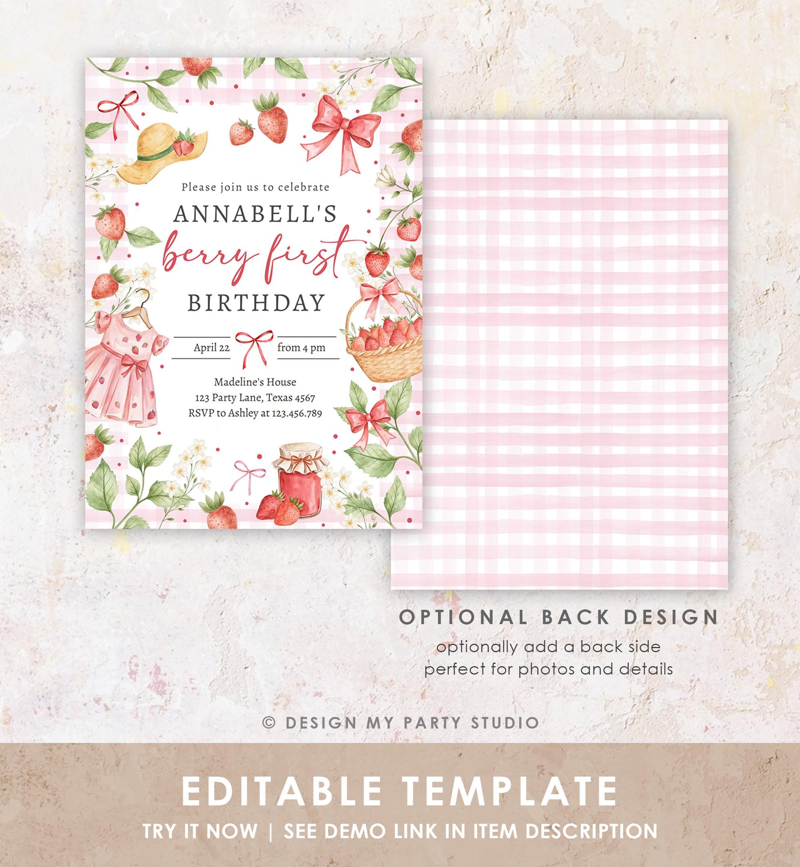 Editable Strawberry Birthday Invitation First Birthday Berry Sweet Girl Cute Strawberries 1st Digital Download Evite Template Printable 0567