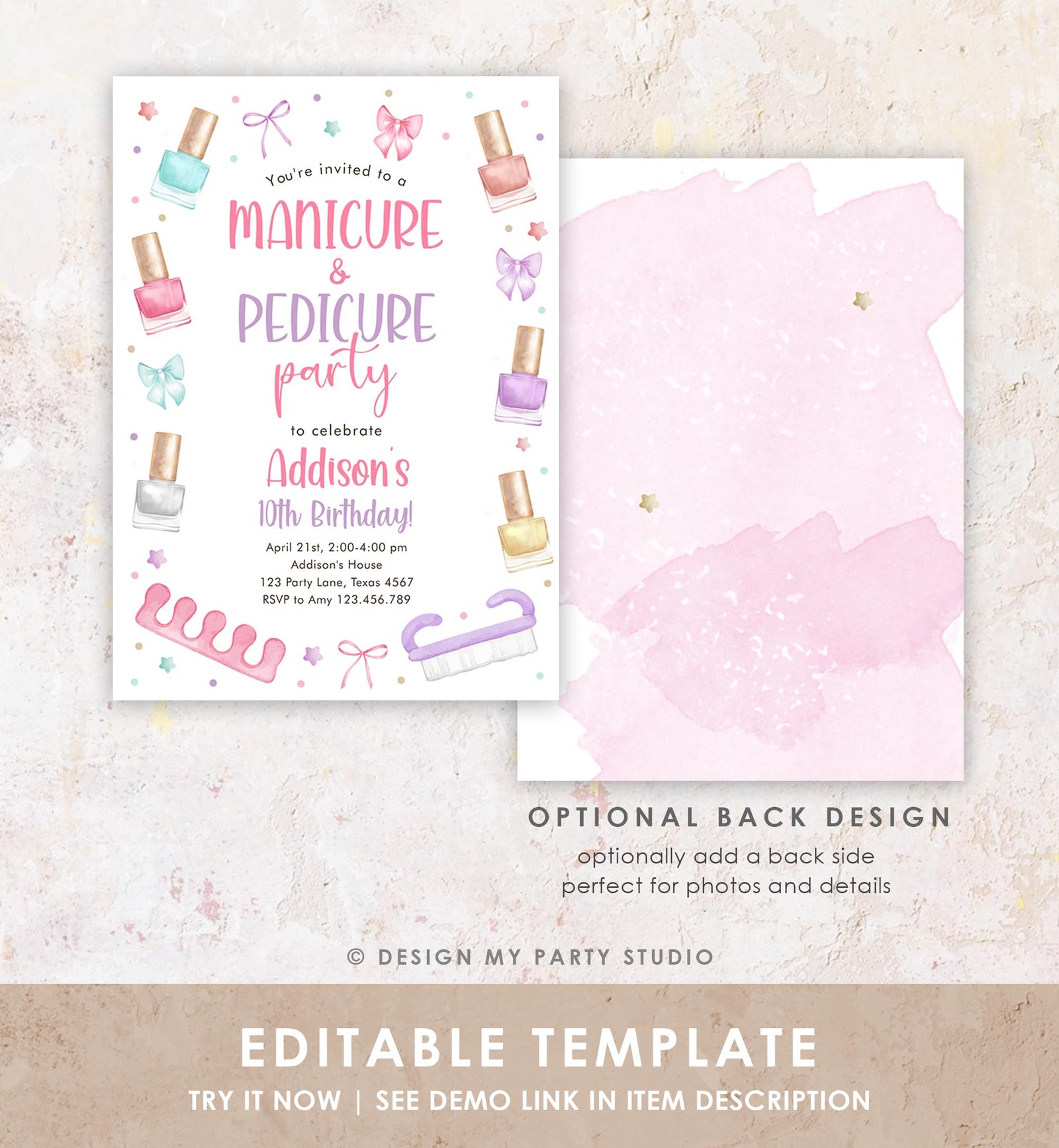Editable Manicure and Pedicure Birthday Invitation Bow Girl Mani-Pedi Spa Party Nail Salon Pink Purple Digital Template Printable 0562