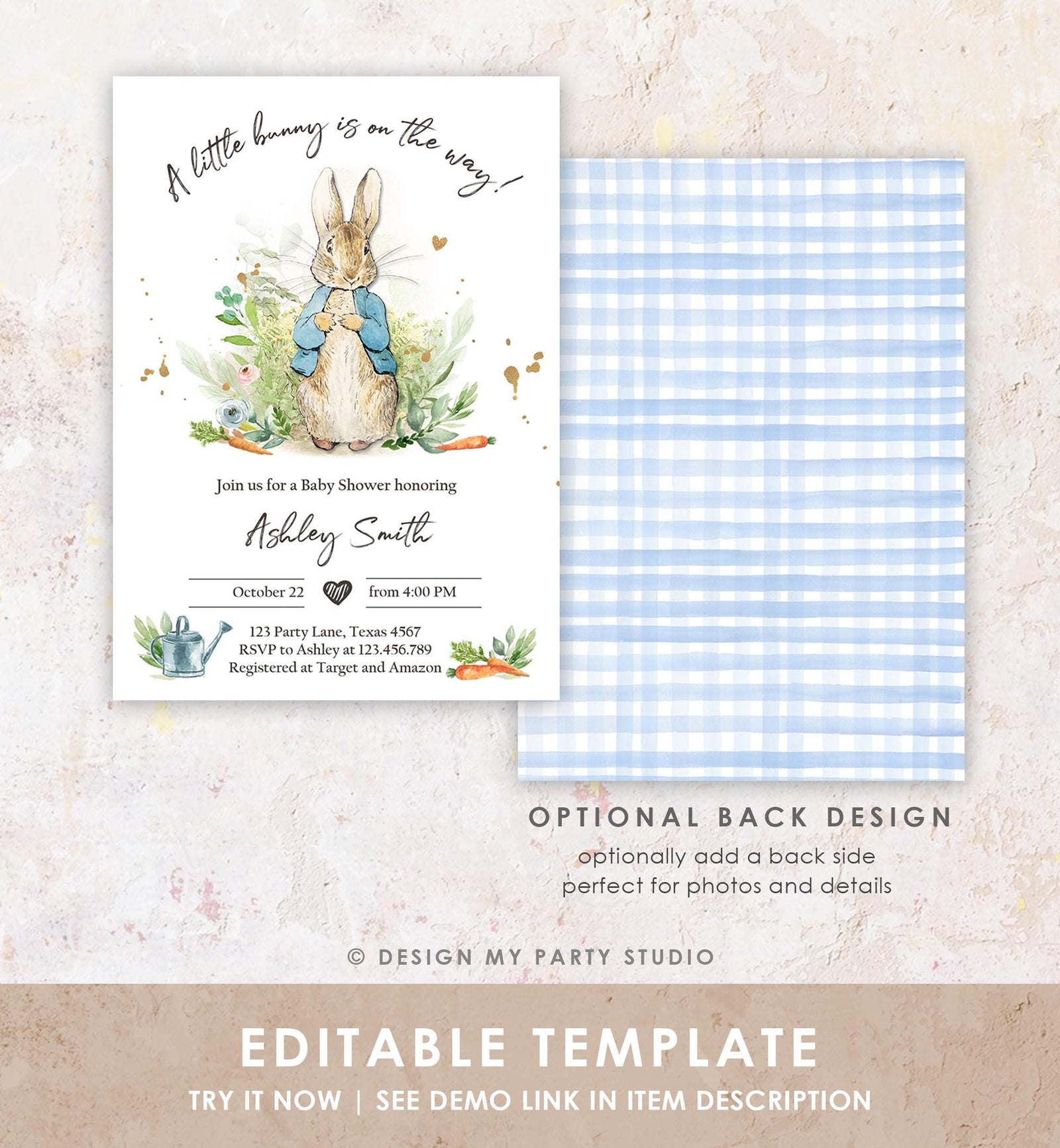 Classic Storybook Rabbit Baby Shower Invitation • Vintage Beatrix Potter Bunny Illustration • Editable Template Digital Evite Printable 0351