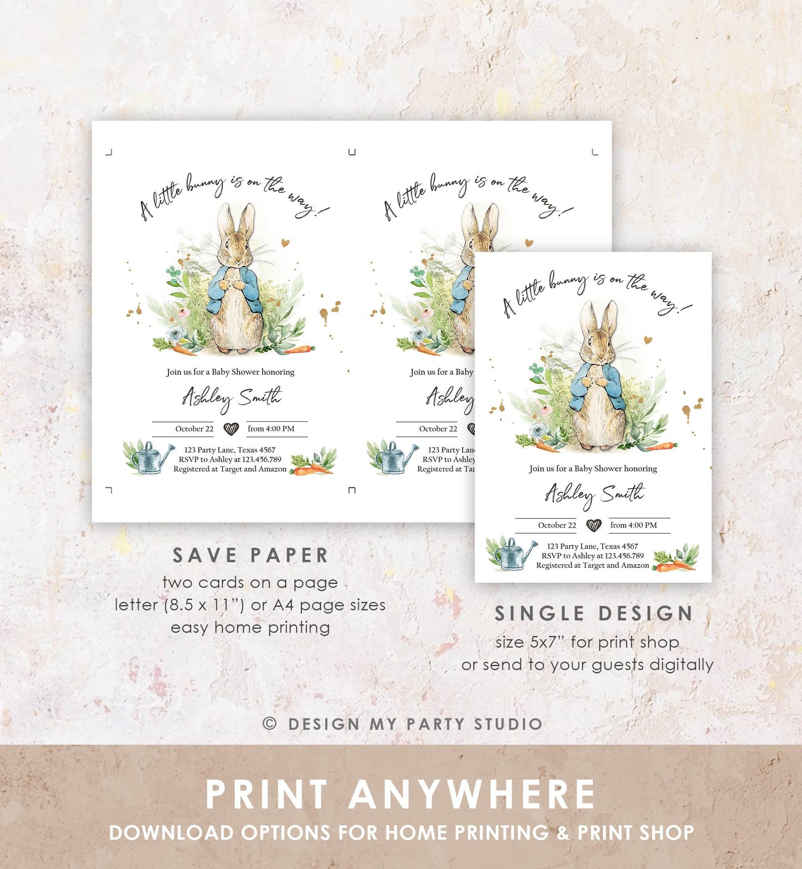 Classic Storybook Rabbit Baby Shower Invitation • Vintage Beatrix Potter Bunny Illustration • Editable Template Digital Evite Printable 0351