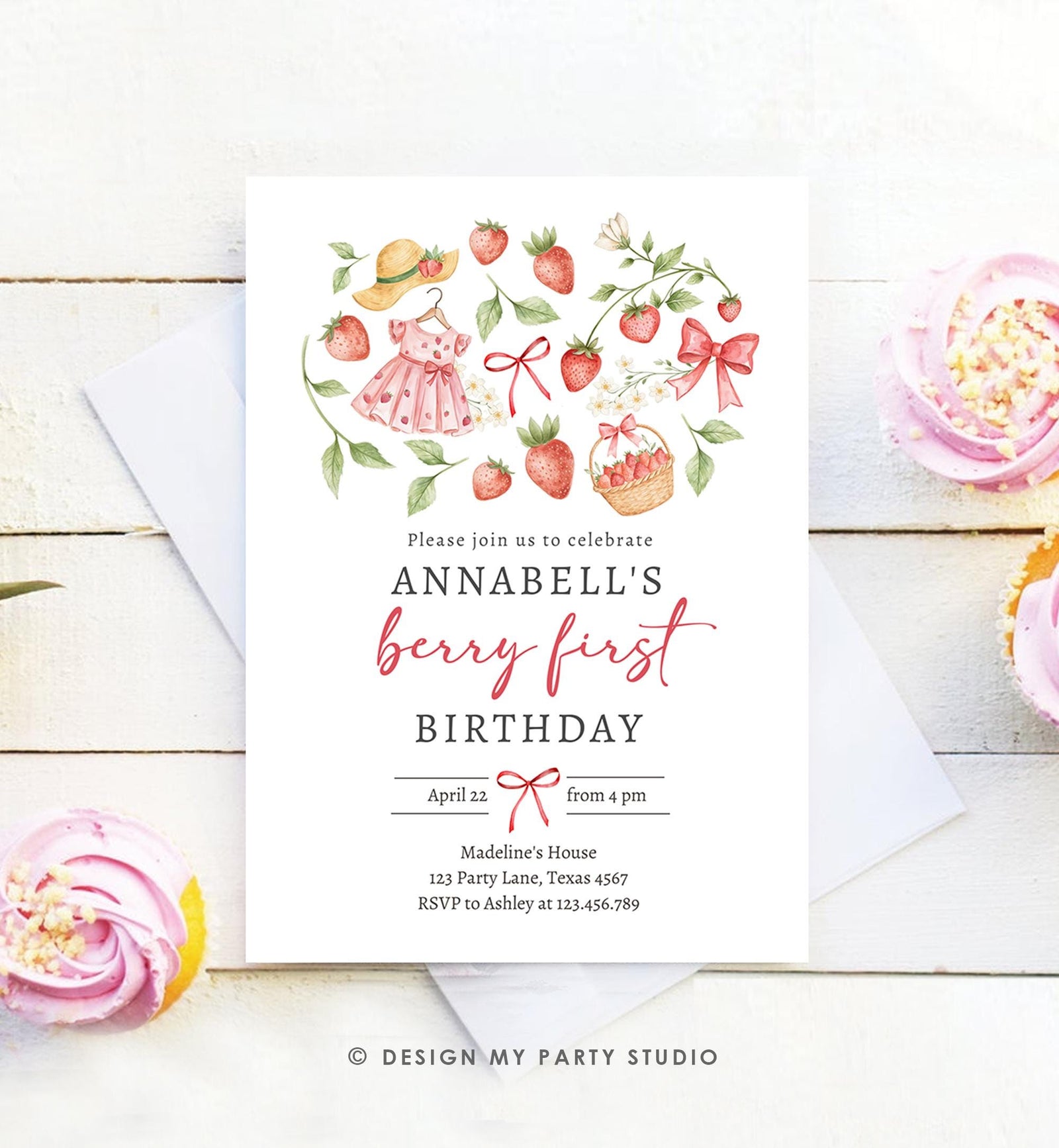 Editable Strawberry Birthday Invitation First Birthday Berry Sweet Girl Cute Strawberries 1st Digital Download Evite Template Printable 0567