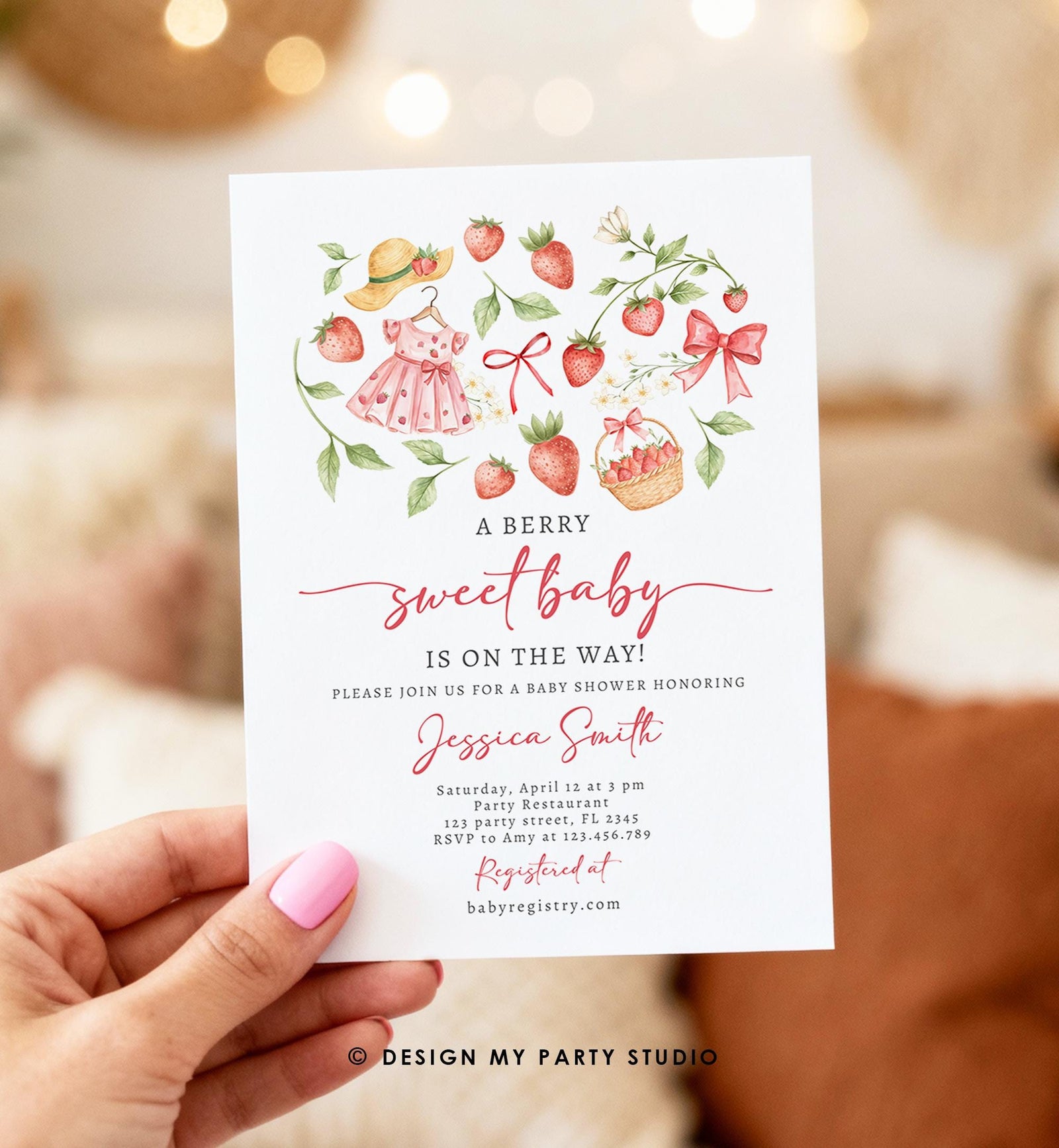 Editable Strawberry Baby Shower Invitation Cute Berry Sweet Baby Girl Strawberries Summer Digital Download Template Printable 0567