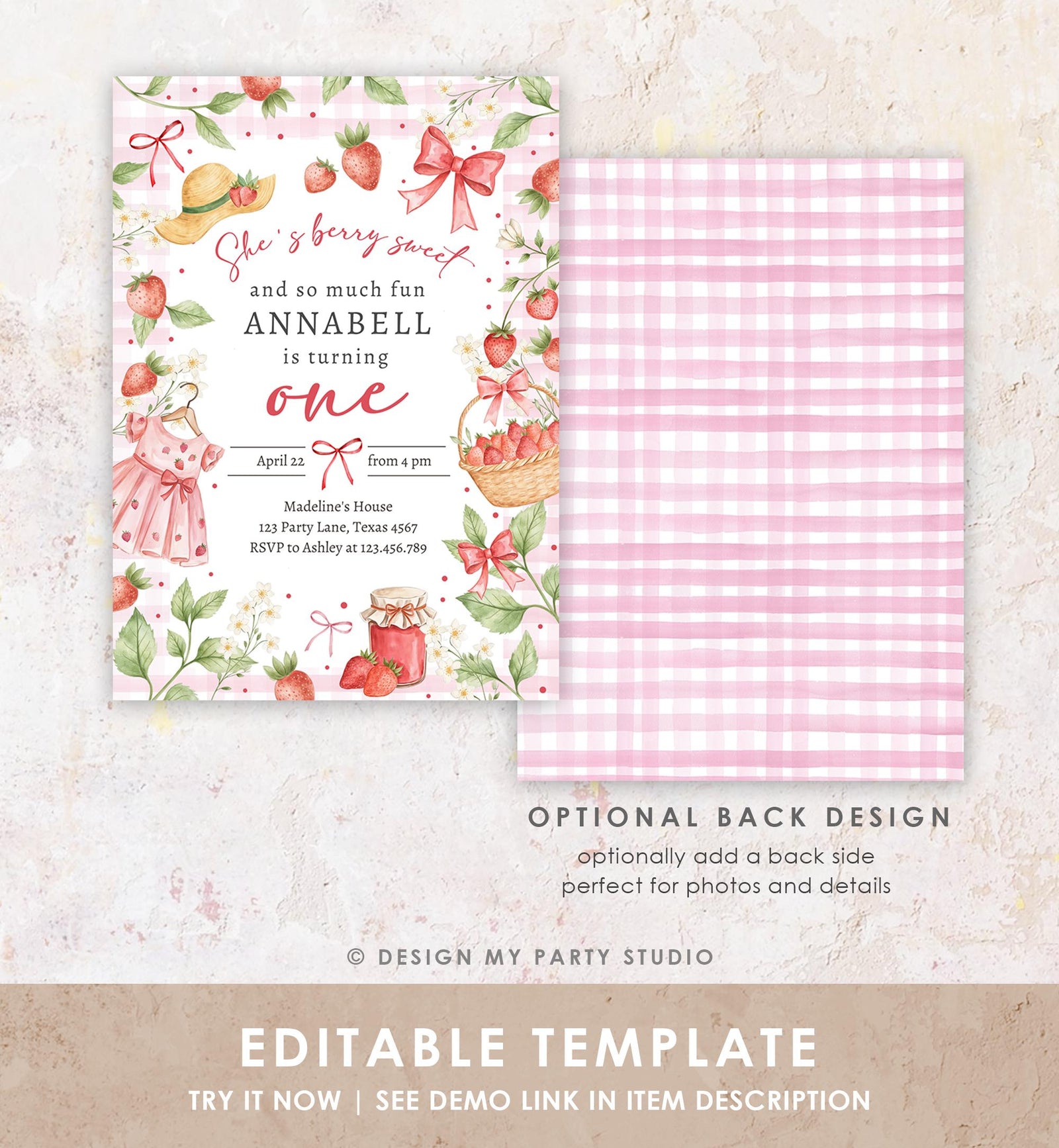Editable Strawberry Birthday Invitation First Birthday Berry Sweet Girl Cute Strawberries 1st Digital Download Evite Template Printable 0567