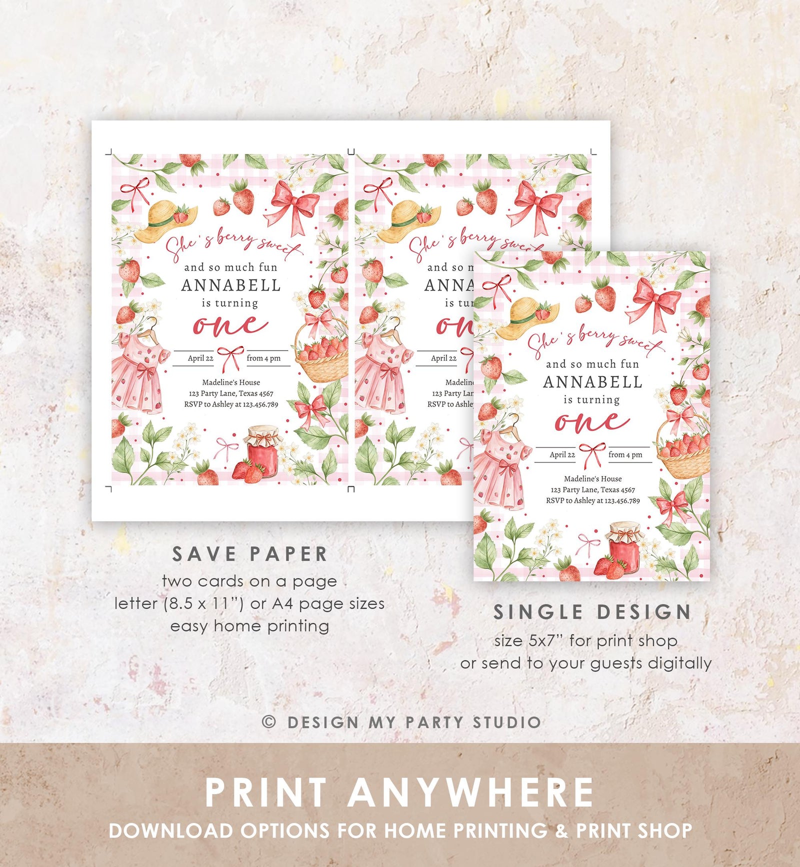 Editable Strawberry Birthday Invitation First Birthday Berry Sweet Girl Cute Strawberries 1st Digital Download Evite Template Printable 0567