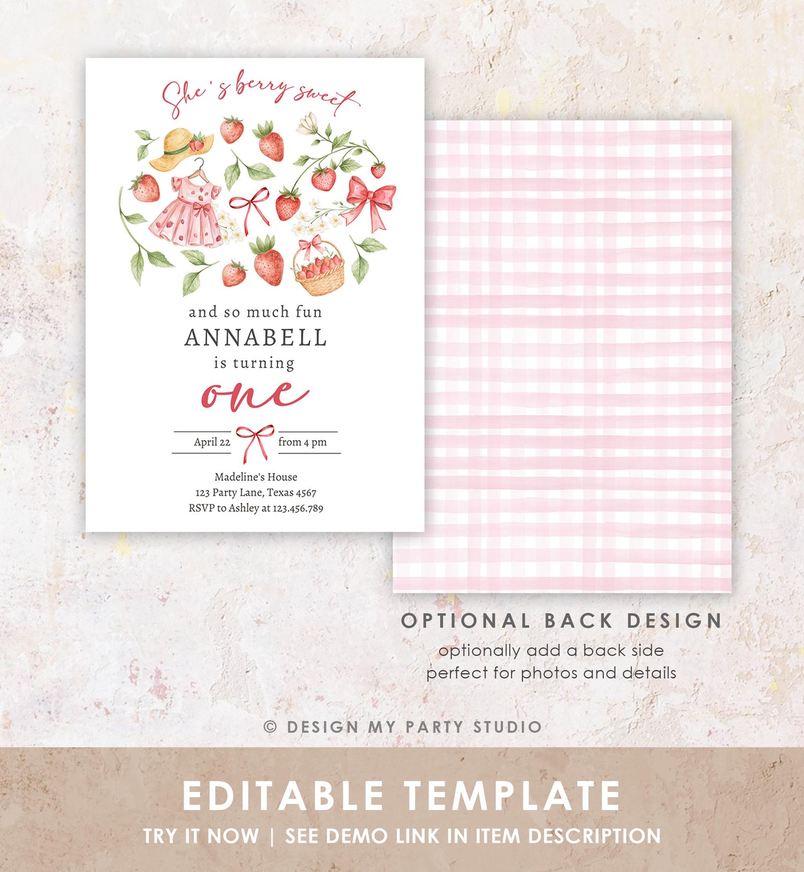Editable Strawberry Birthday Invitation First Birthday Berry Sweet Girl Cute Strawberries 1st Digital Download Evite Template Printable 0567