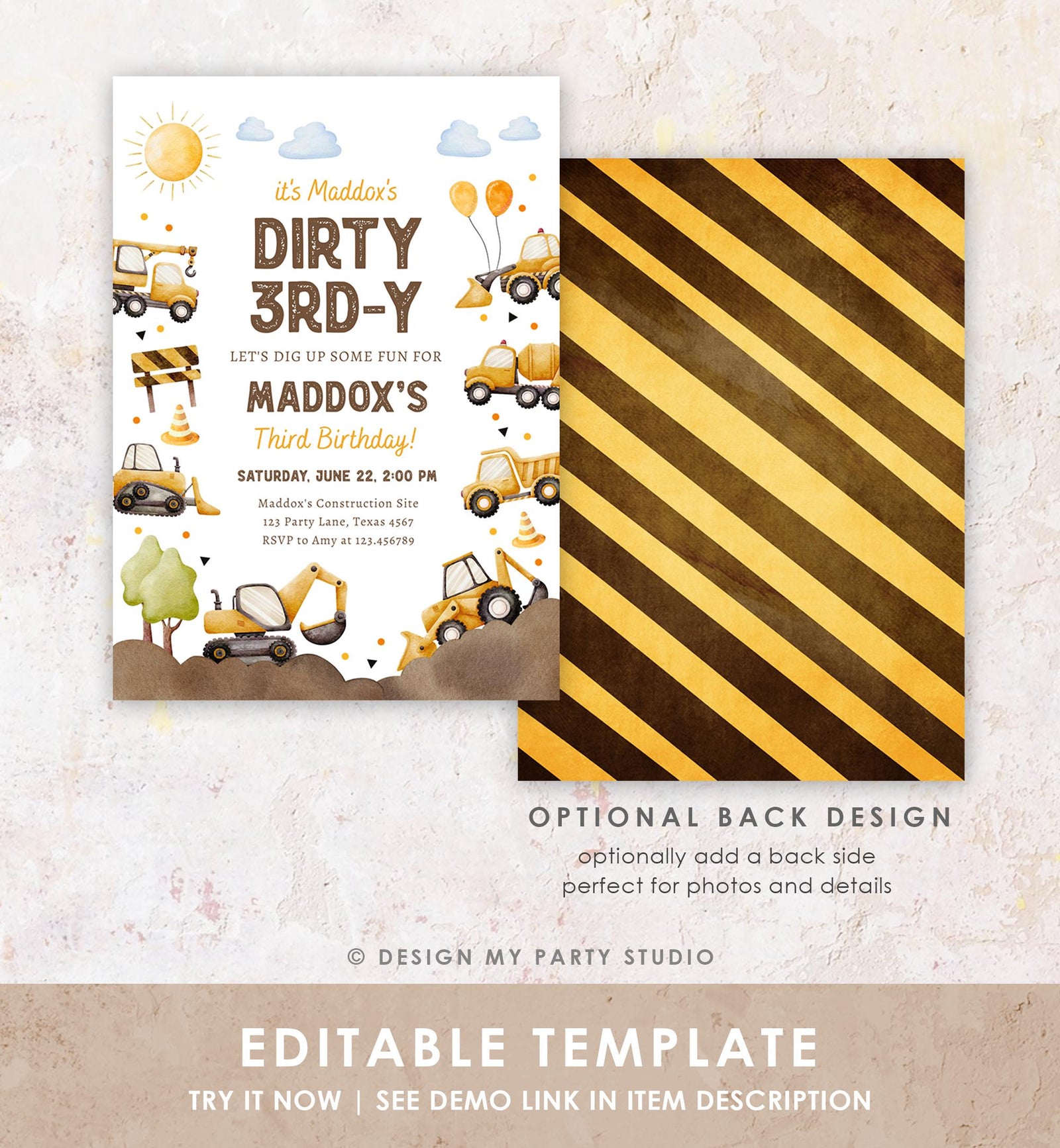 Editable Dirty 3rd-Y Construction Birthday Invitation Yellow Dump Truck Excavator Party Boy Third 3rd Digital Evite Template Printable 0563