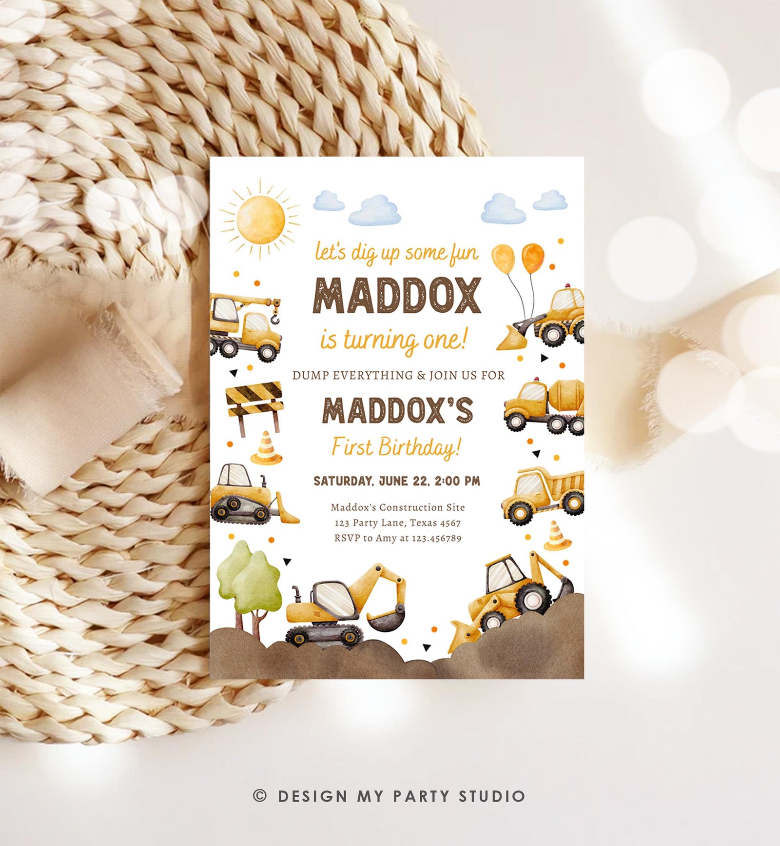 Editable Construction Birthday Invitation Yellow Dump Truck Excavator Caution Party Boy First 1st Digital Evite Template Printable 0563