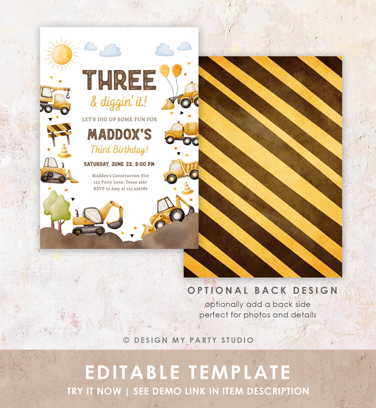 Editable Three & Diggin' It Construction Birthday Invitation Yellow Dump Truck Excavator Party Boy Third 3rd Digital Template Printable 0563