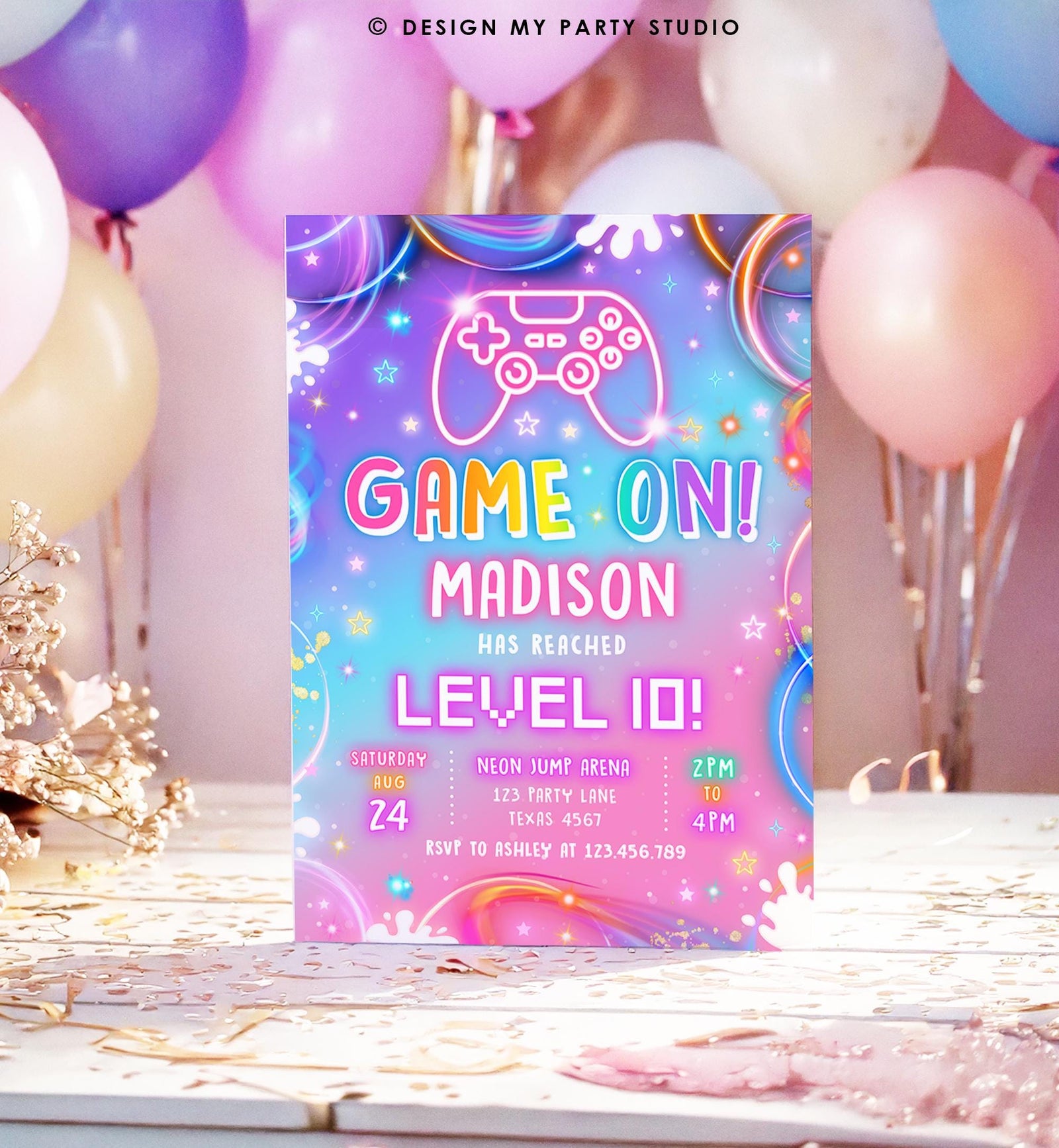 Editable Game On Birthday Invitation Video Game Gamer Level Up Neon Glow Girl Epic Play Party Fun Digital Evite Template Printable 0568