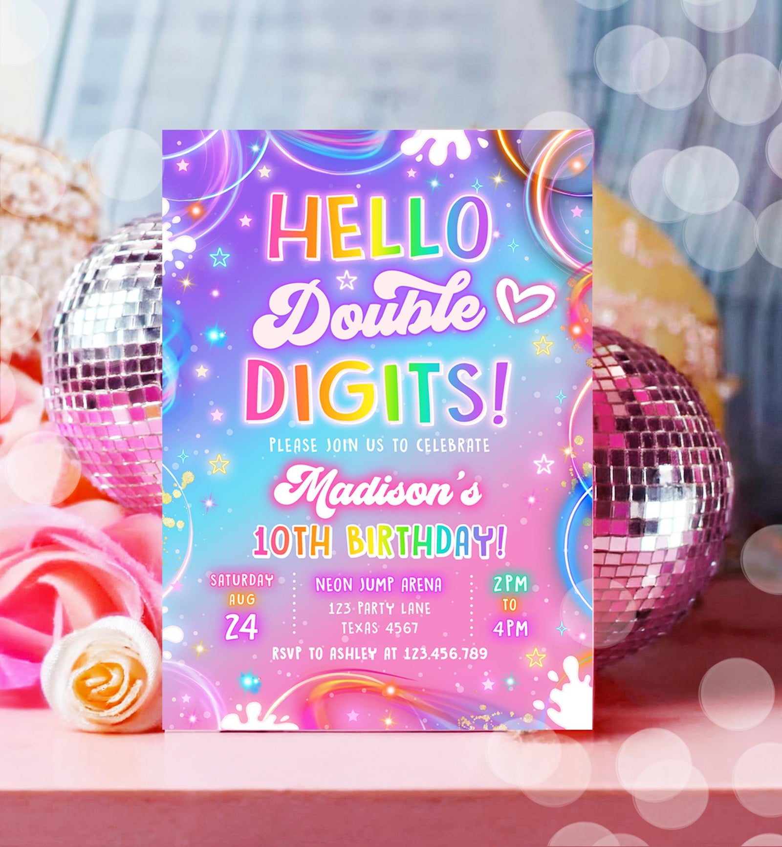 Editable Hello Double Digits Birthday Invitation Neon Glow Disco Girl 10th Birthday Party Digital Download Evite Template Printable 0568