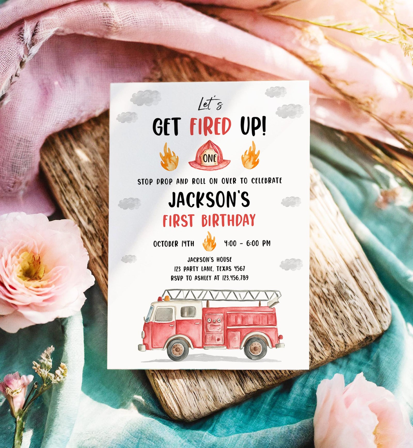 Editable Get Fired Up Birthday Invitation Firefighters Firetruck Fire Truck Boy Birthday Party Digital Evite Template Printable 0564