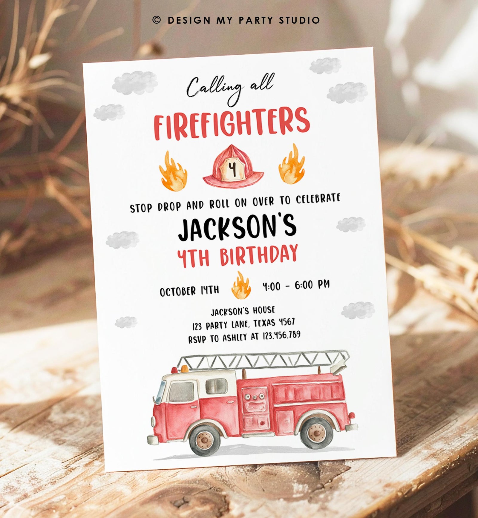 Editable Calling All Firefighters Birthday Invitation Firetruck Fire Truck Boy Birthday Party Digital Download Evite Template Printable 0564