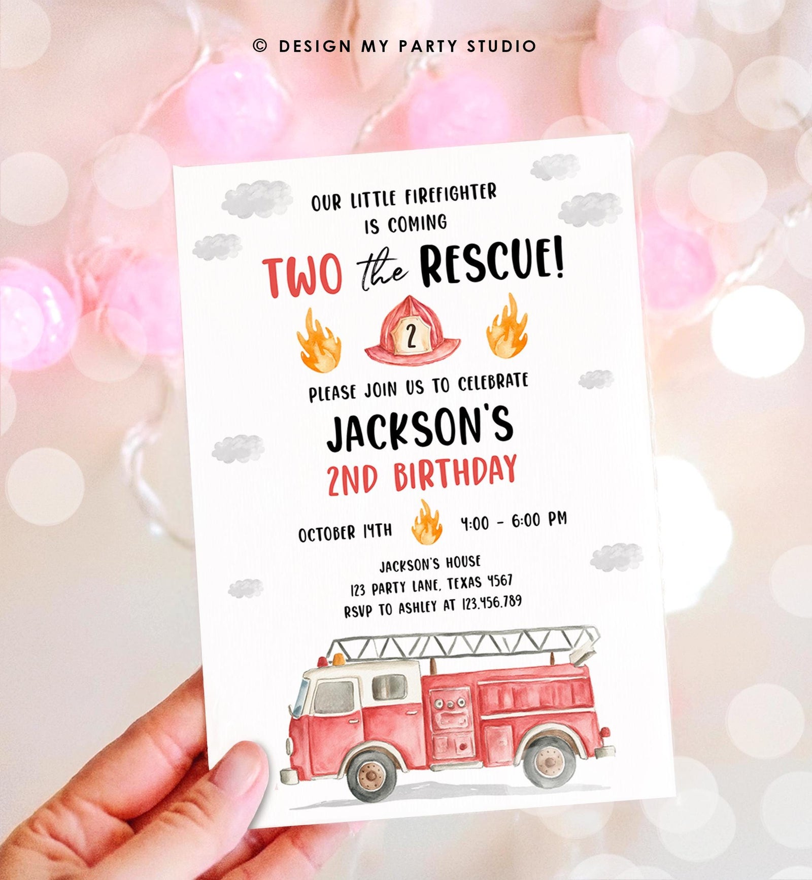 Editable Two the Rescue Birthday Invitation Firetruck Firefighter Boy 2nd Second Birthday Digital Download Evite Template Printable 0564