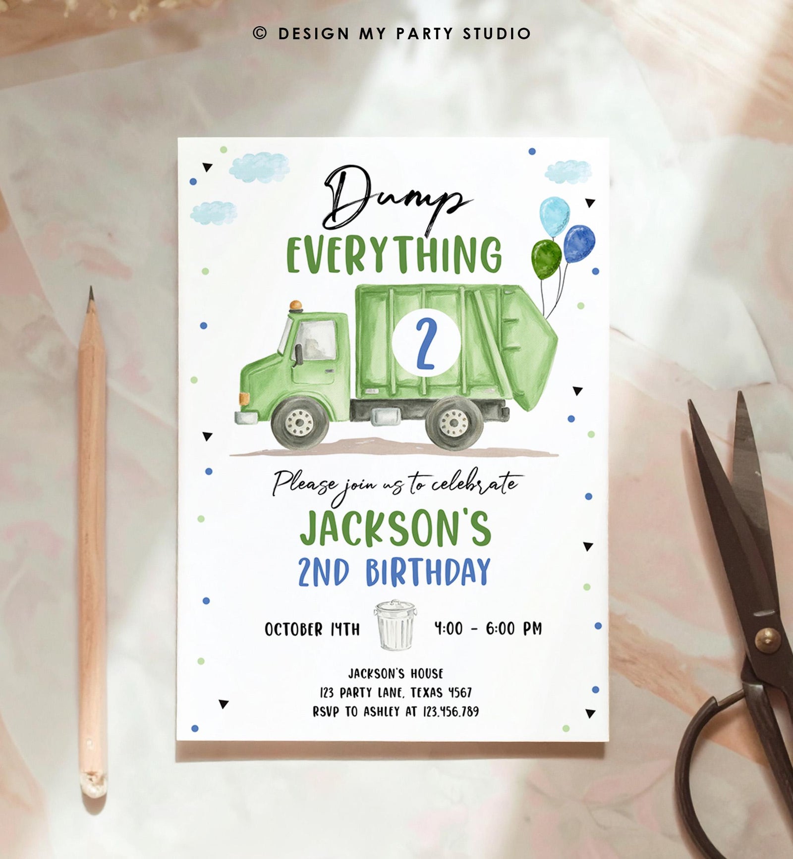 Editable Garbage Truck Birthday Invitation Trash Can Green Truck Boy Birthday Party Digital Evite Template Printable 0565
