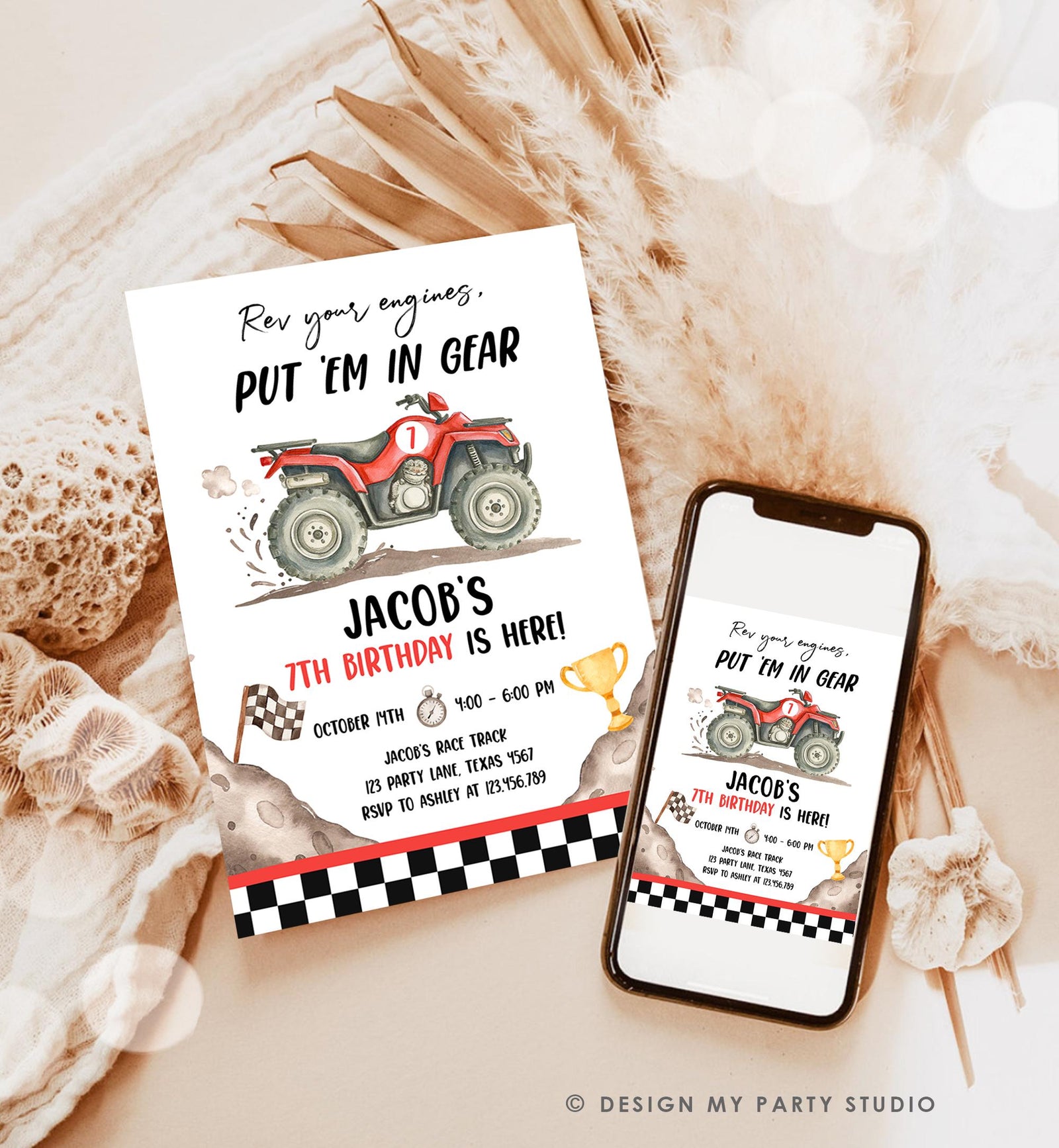 Editable Quad Birthday Invitation ATV Rev Your Engines Race on Over Off-Road Vehicle Red Boy Digital Template Printable 0566