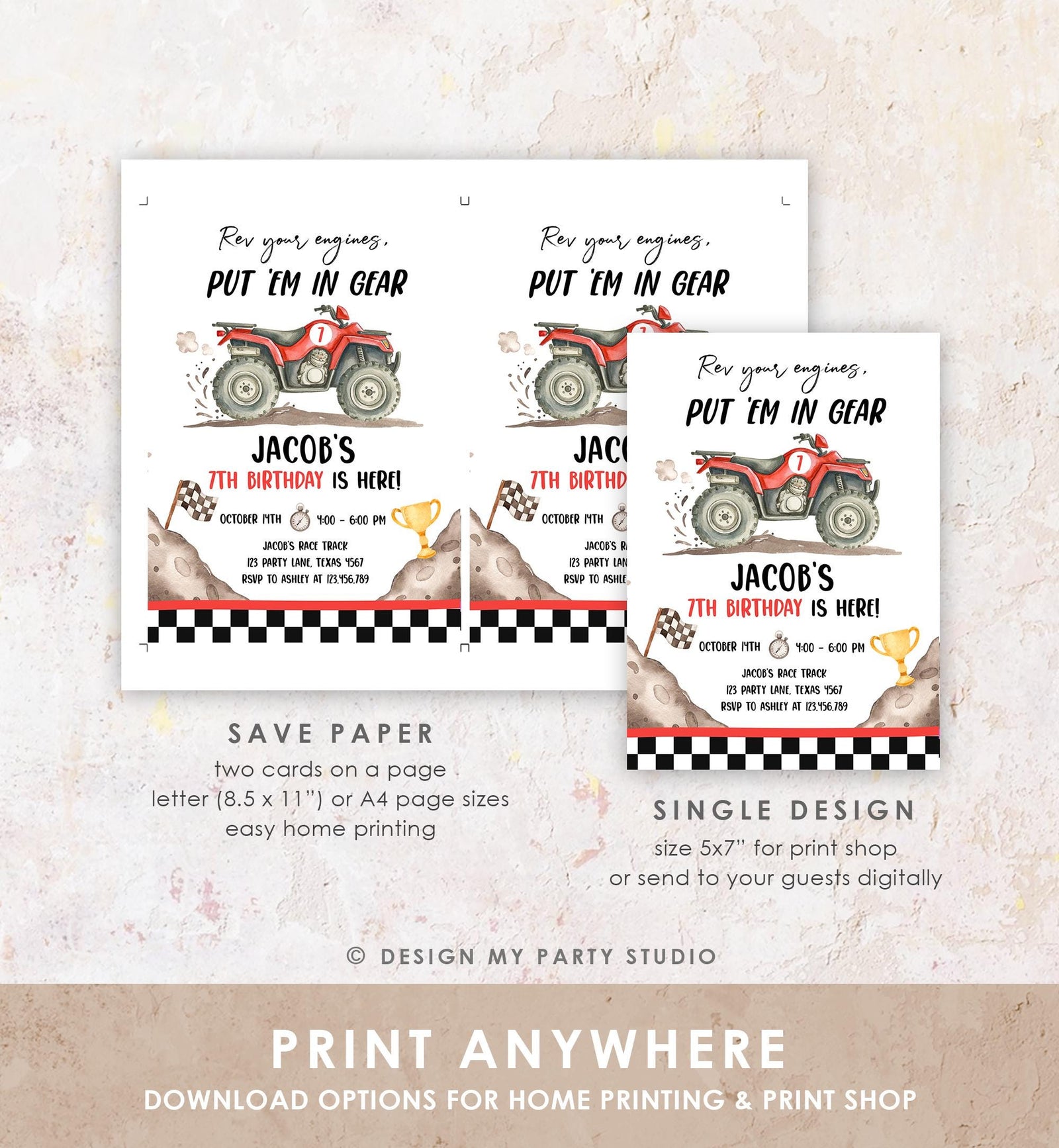 Editable Quad Birthday Invitation ATV Rev Your Engines Race on Over Off-Road Vehicle Red Boy Digital Template Printable 0566