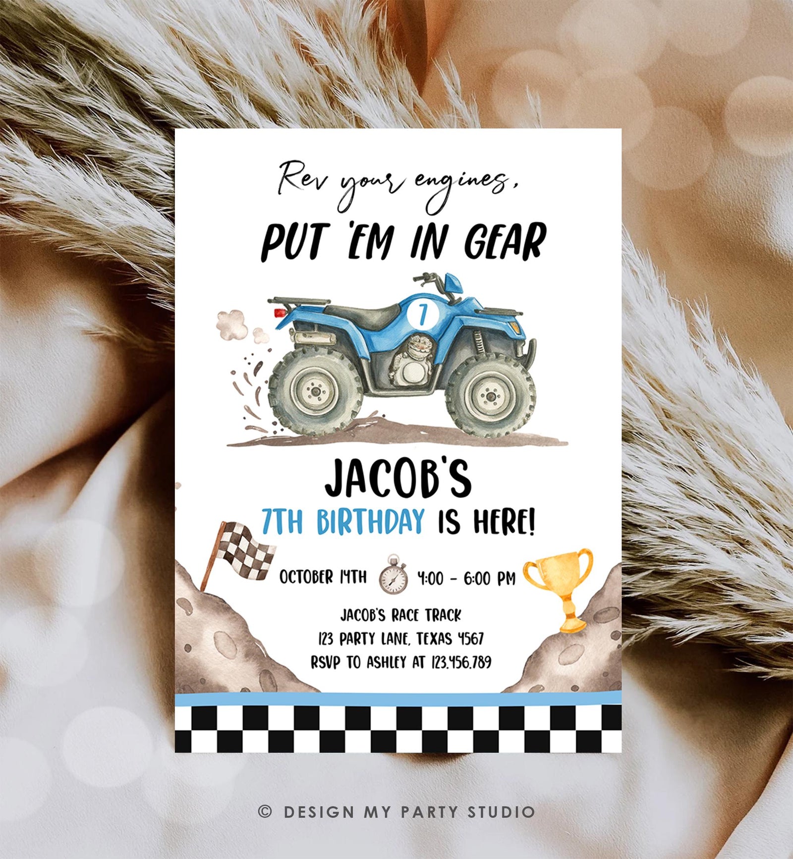 Editable Quad Birthday Invitation ATV Rev Your Engines Race on Over Off-Road Vehicle Blue Boy Digital Template Printable 0566