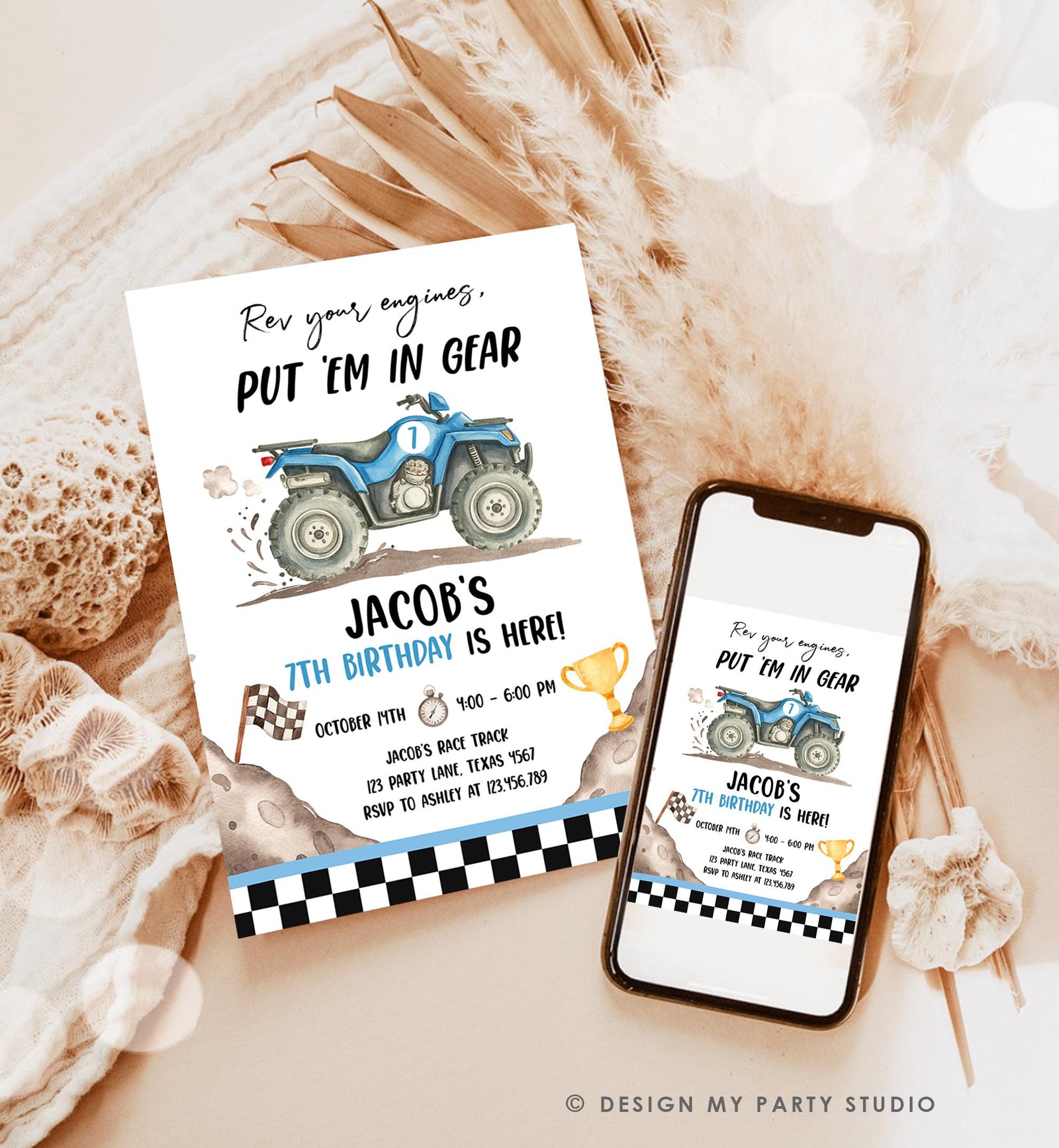 Editable Quad Birthday Invitation ATV Rev Your Engines Race on Over Off-Road Vehicle Blue Boy Digital Template Printable 0566