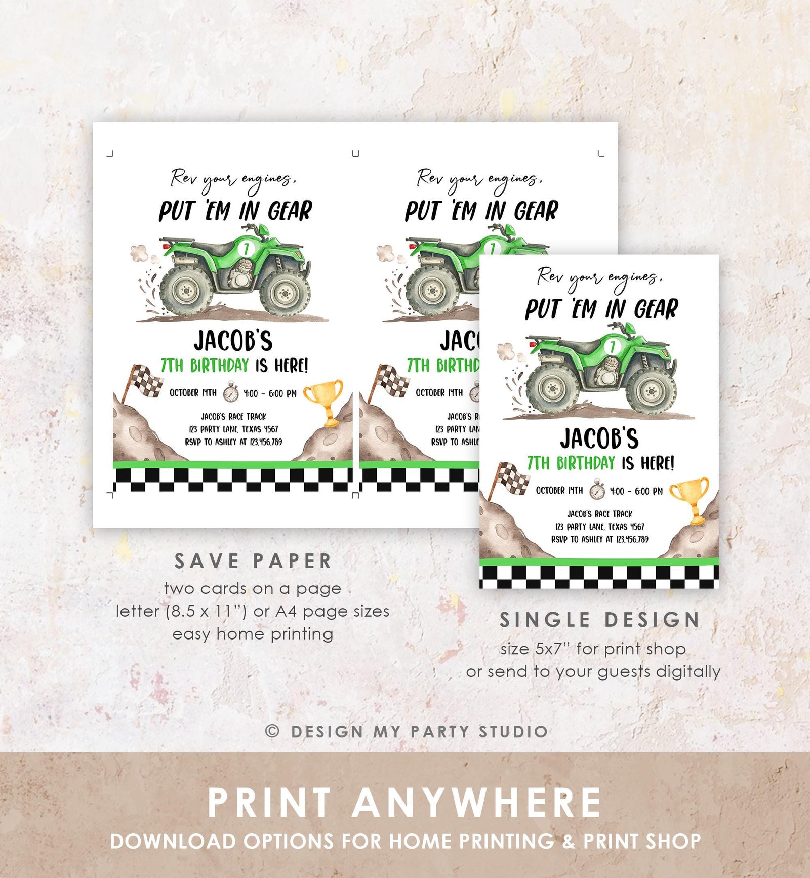 Editable Quad Birthday Invitation ATV Rev Your Engines Race on Over Off-Road Vehicle Green Boy Digital Evite Template Printable 0566