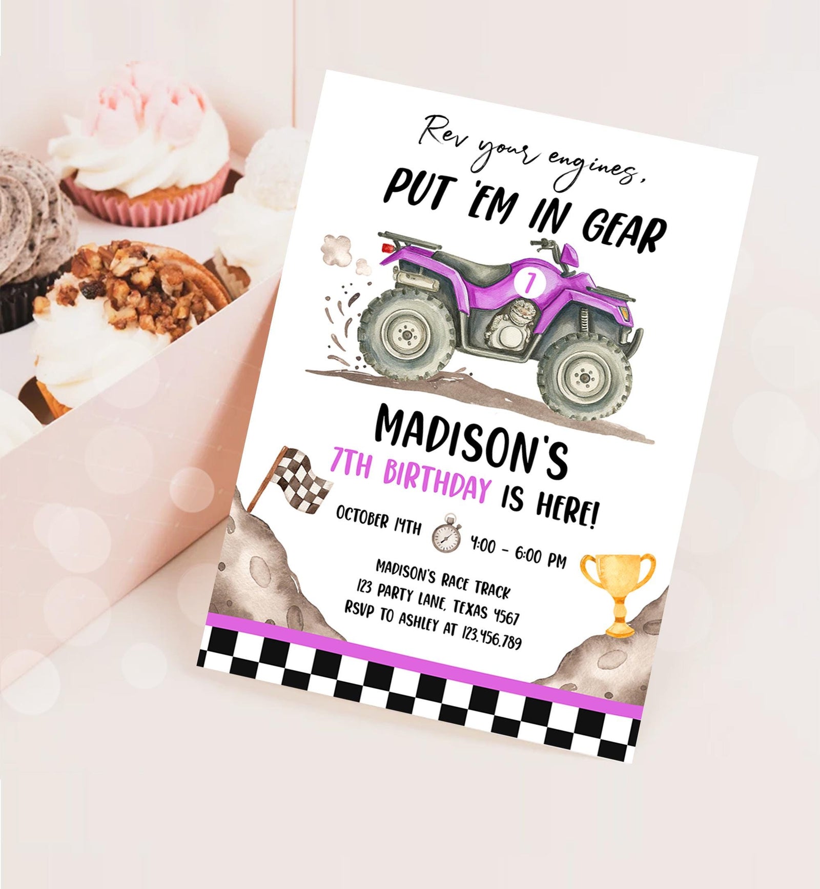Editable Quad Birthday Invitation ATV Rev Your Engines Race on Over Off-Road Vehicle Purple Girl Digital Evite Template Printable 0566