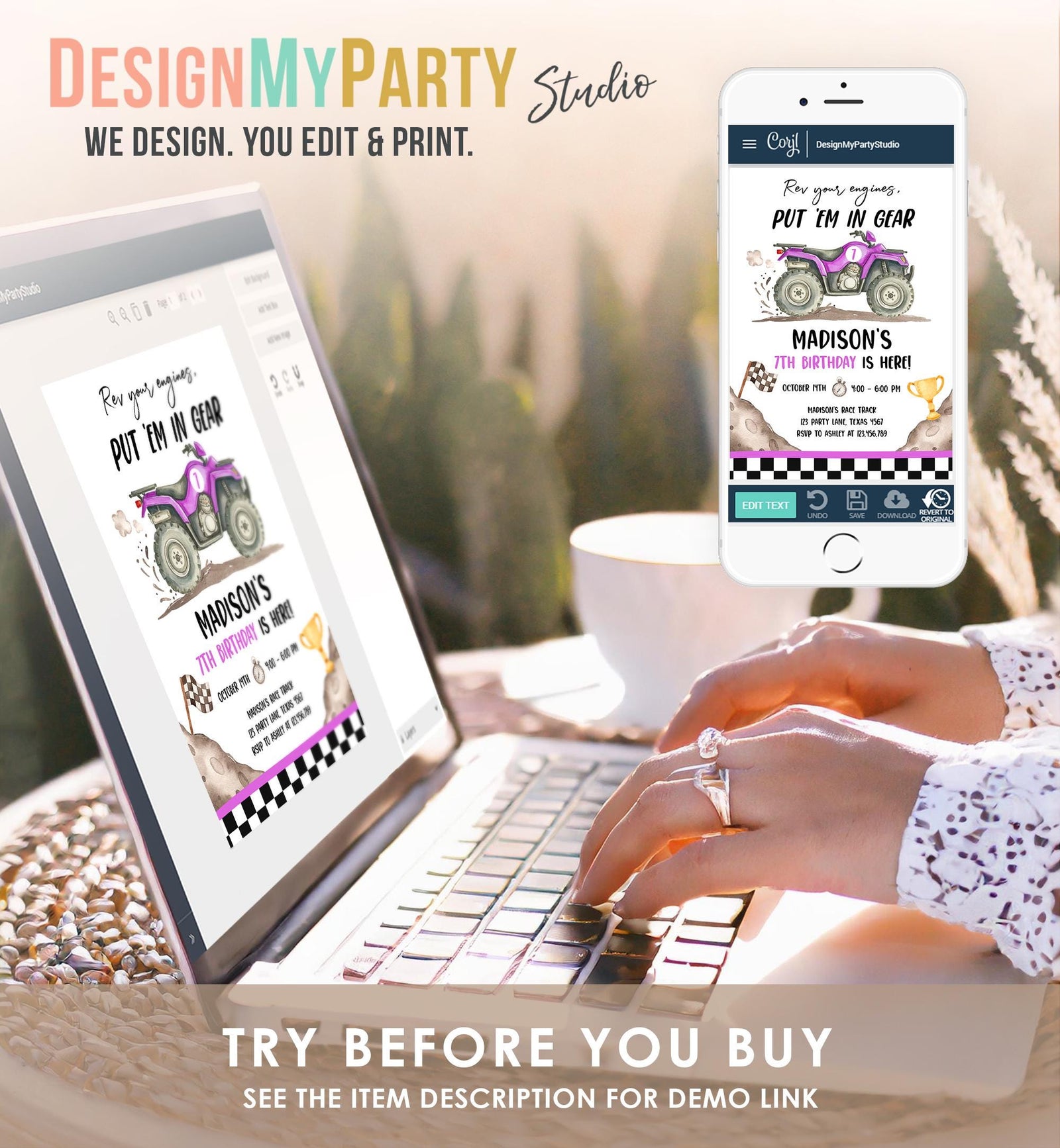 Editable Quad Birthday Invitation ATV Rev Your Engines Race on Over Off-Road Vehicle Purple Girl Digital Evite Template Printable 0566