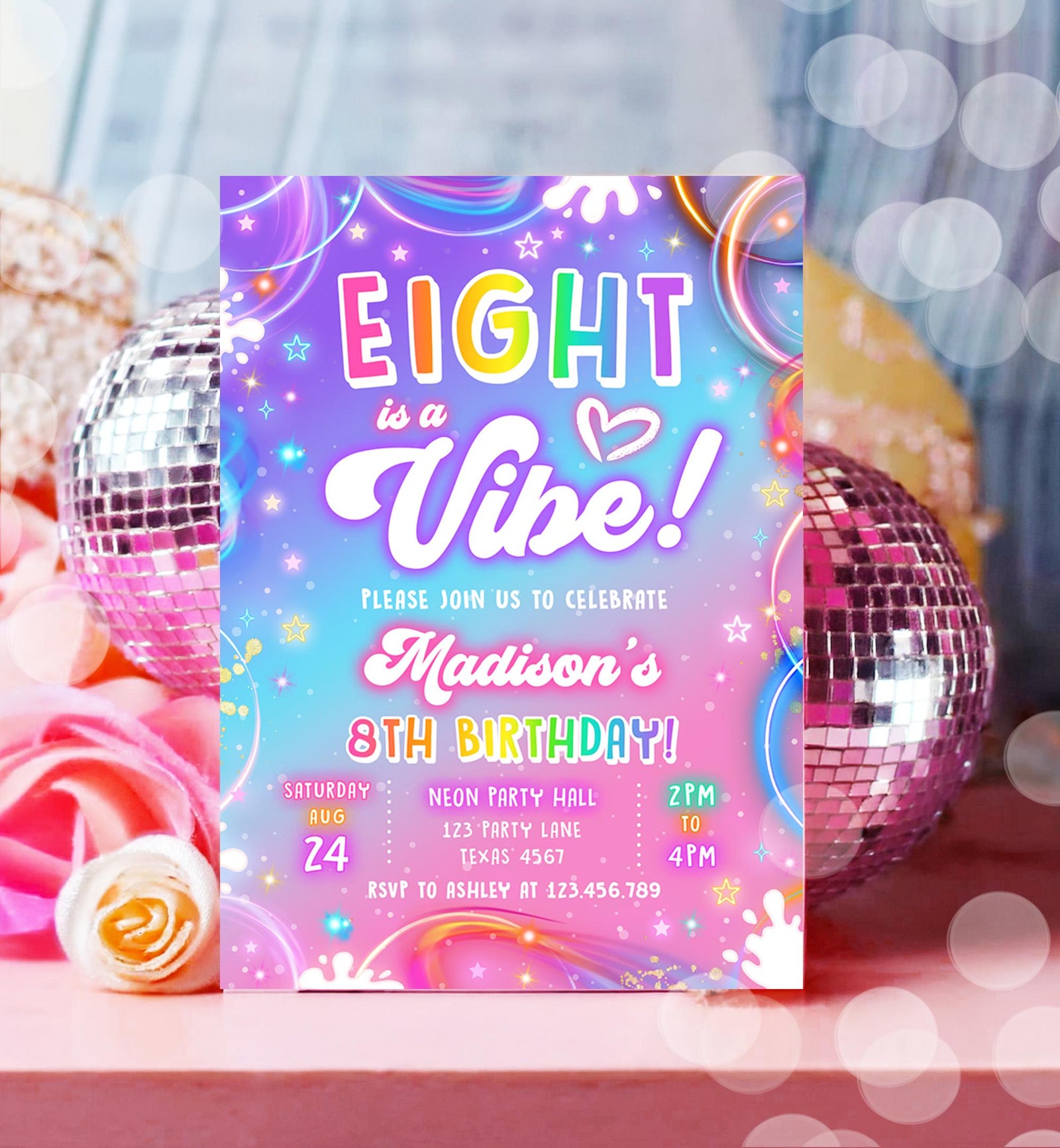 Editable Eight is a Vibe Birthday Invitation Girl Retro Groovy 8th Neon Glow Girl Party Digital Evite Template Printable 0568