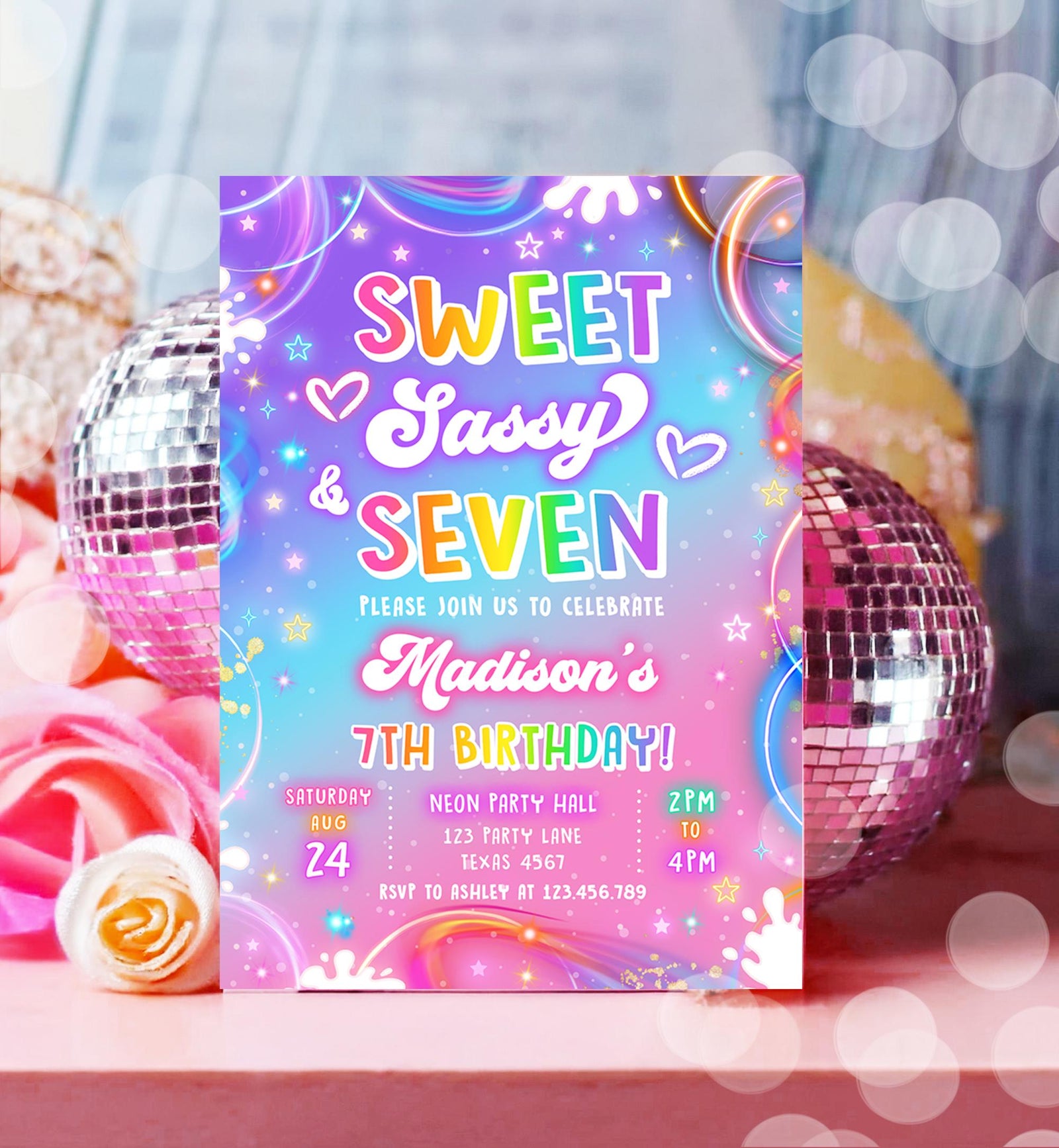Editable Sweet Sassy And Seven Birthday Invitation 67 Girl Retro Groovy Vibe 7th Neon Glow Girl Party Digital Evite Template Printable 0568