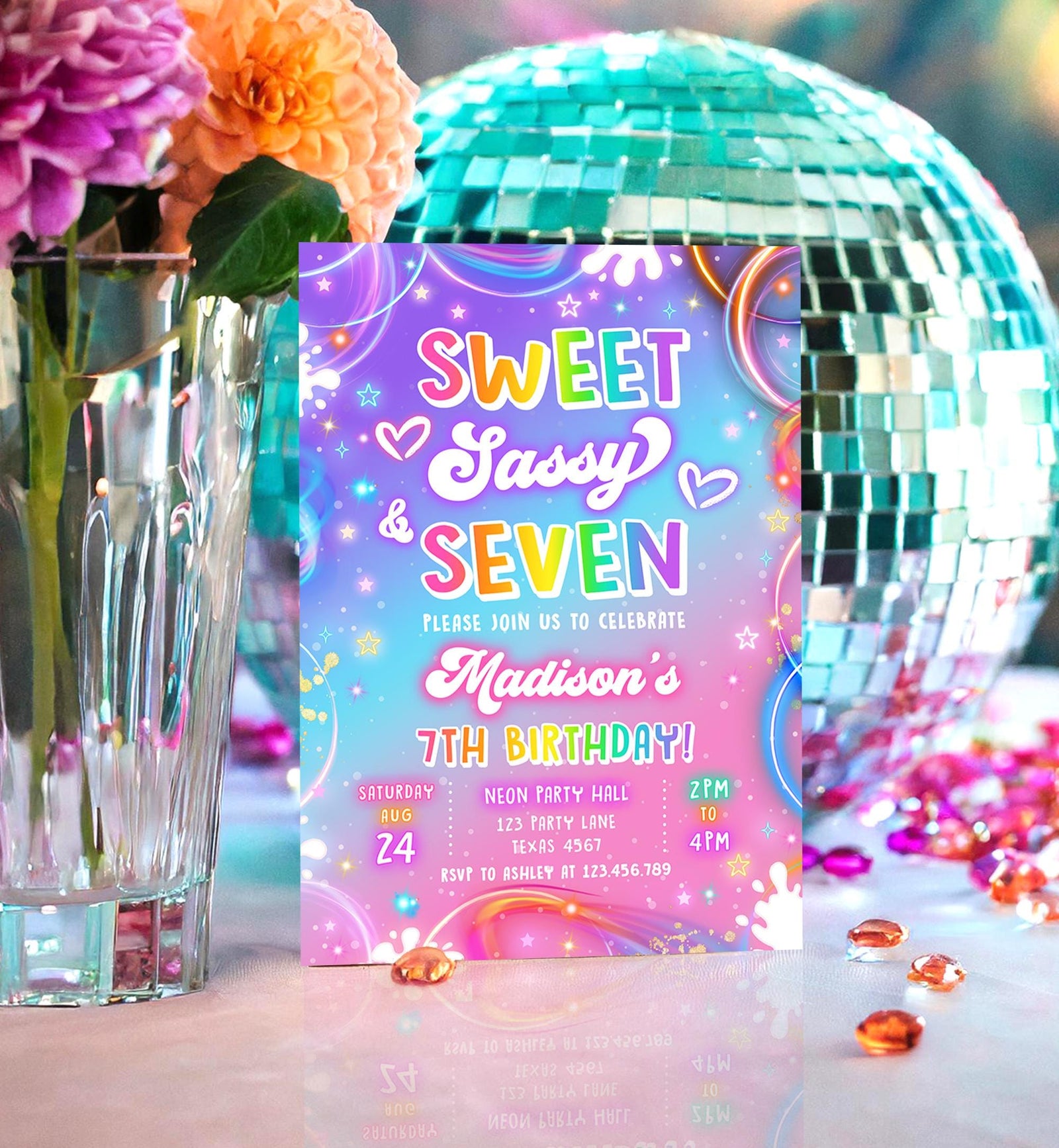 Editable Sweet Sassy And Seven Birthday Invitation 67 Girl Retro Groovy Vibe 7th Neon Glow Girl Party Digital Evite Template Printable 0568
