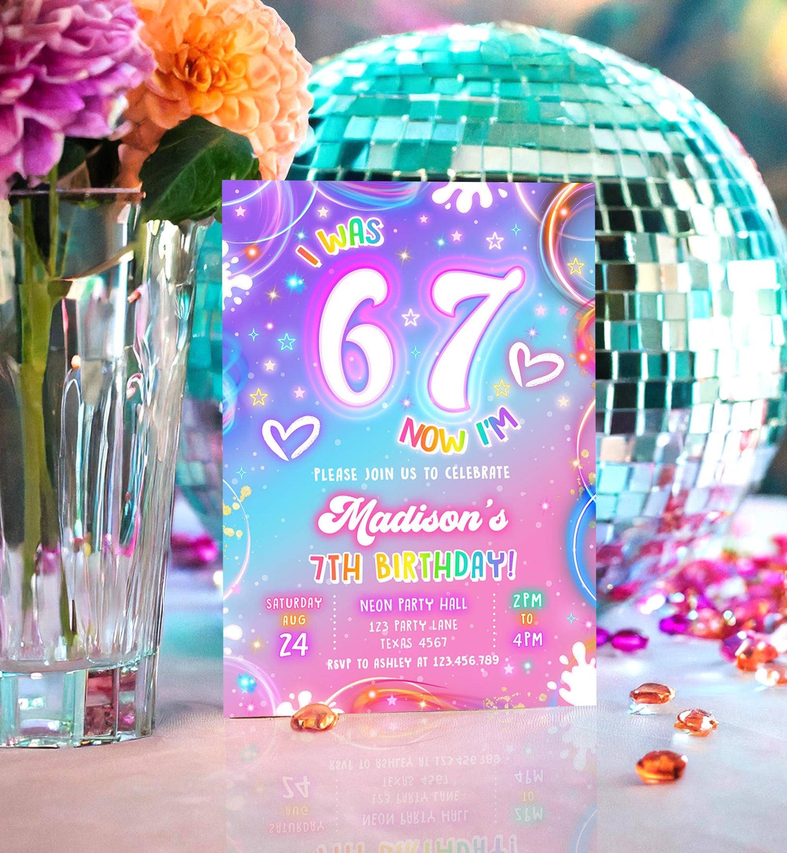 Editable 6 7 Birthday Invitation Girl 7th Retro Groovy Vibe Six Seven Neon Glow Girl Party Digital Evite Template Printable 0568