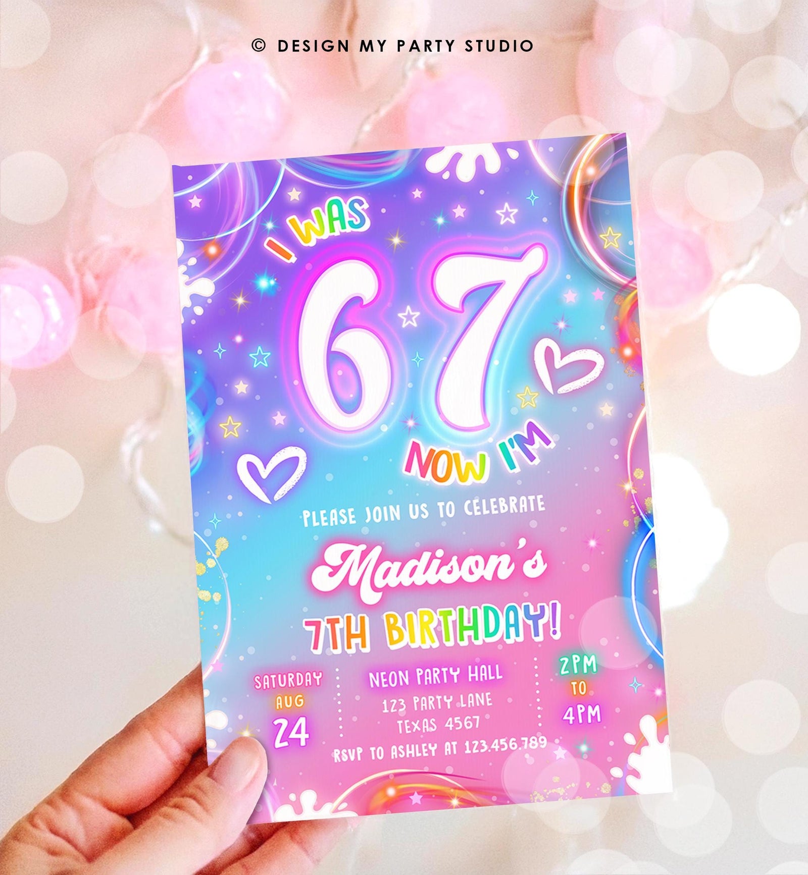 Editable 6 7 Birthday Invitation Girl 7th Retro Groovy Vibe Six Seven Neon Glow Girl Party Digital Evite Template Printable 0568
