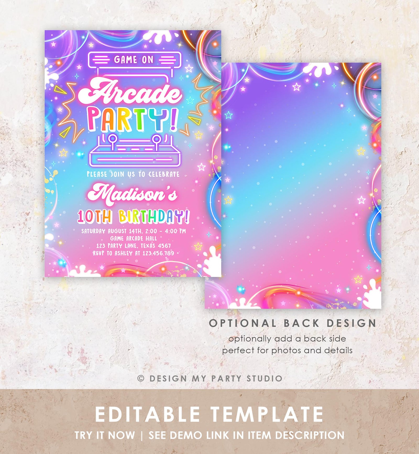 Editable Arcade Party Birthday Invitation Girl Game Gamer Level Up Neon Glow Girl Epic Play Party Fun Digital Evite Template Printable 0568