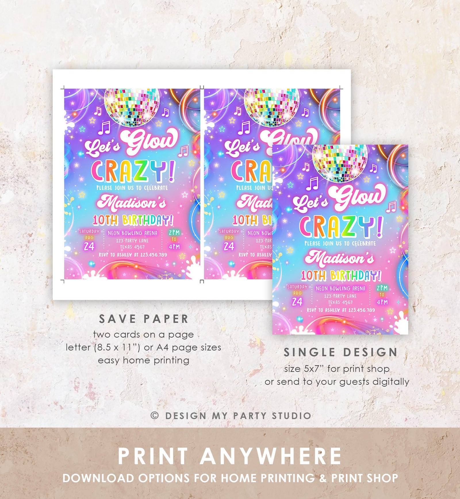 Editable Let's Glow Crazy Birthday Invitation Neon Glow Disco Party Girl Retro Groovy Digital Download Evite Template Printable 0568