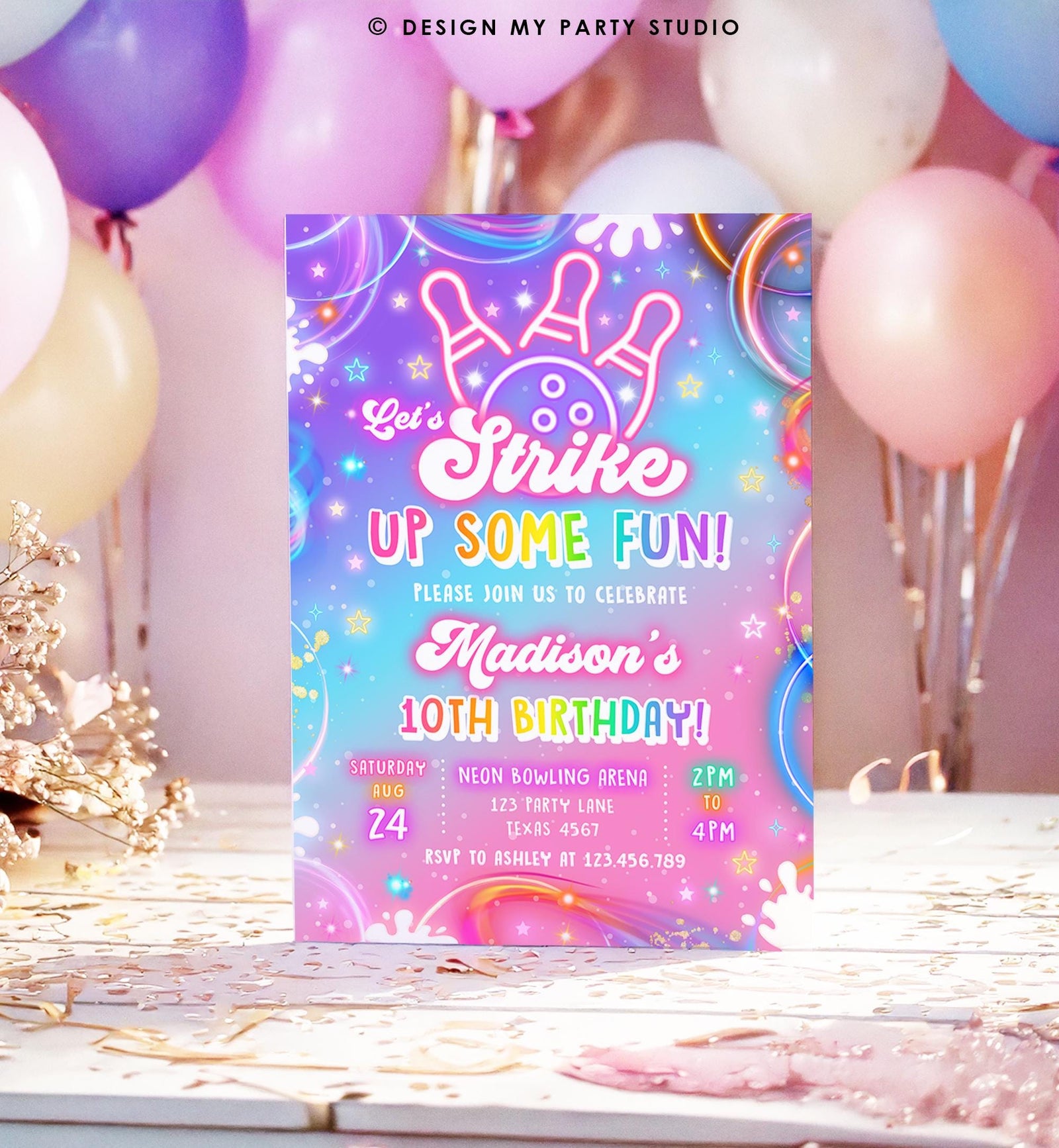 Editable Bowling Birthday Invitation Strike Up Some Fun Girl Bowling Party Pink Purple Neon Glow Download Evite Template Printable 0568