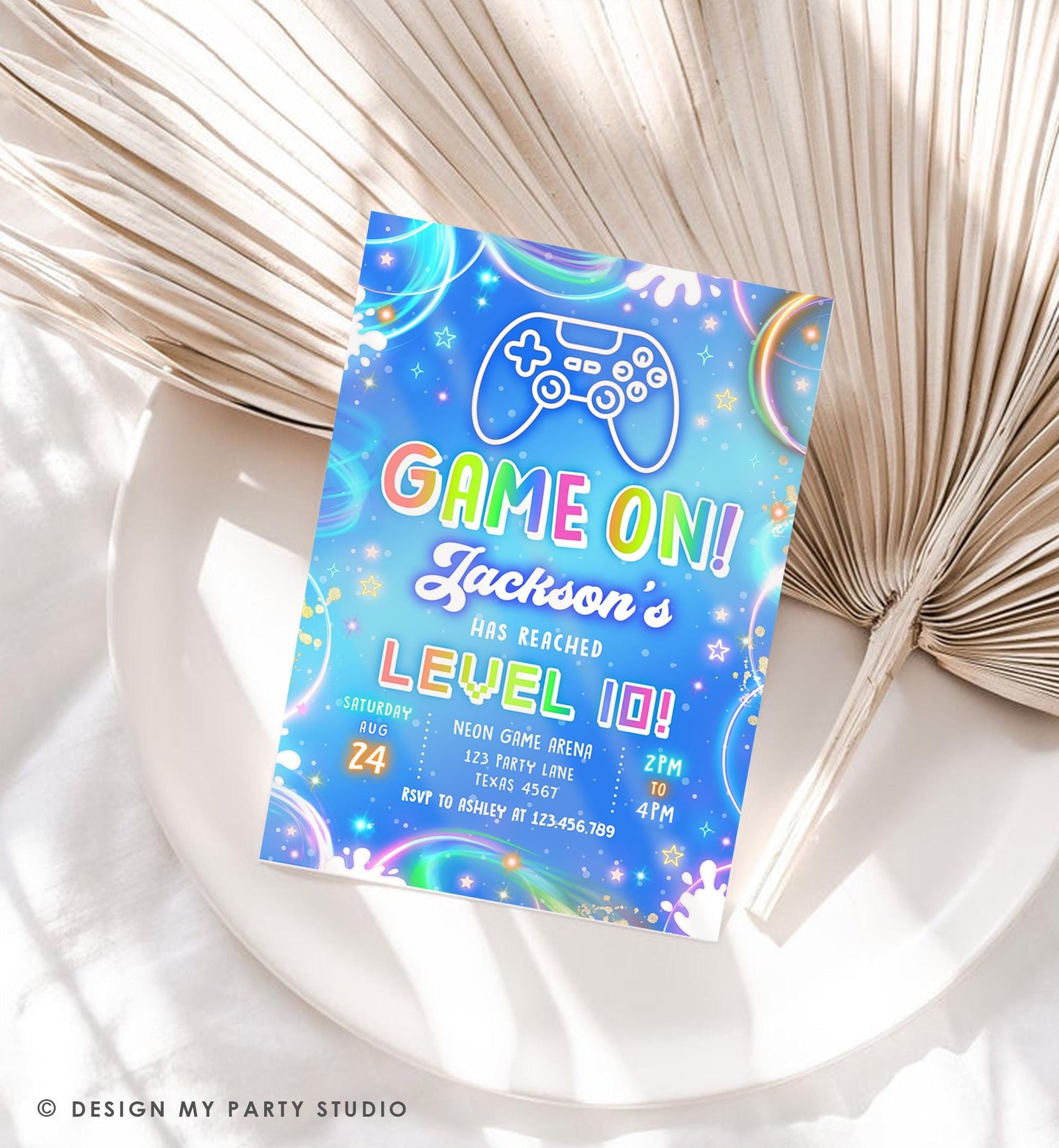 Editable Game On Birthday Invitation Video Game Gamer Level Up Neon Glow Boy Epic Play Party Fun Digital Evite Template Printable 0568