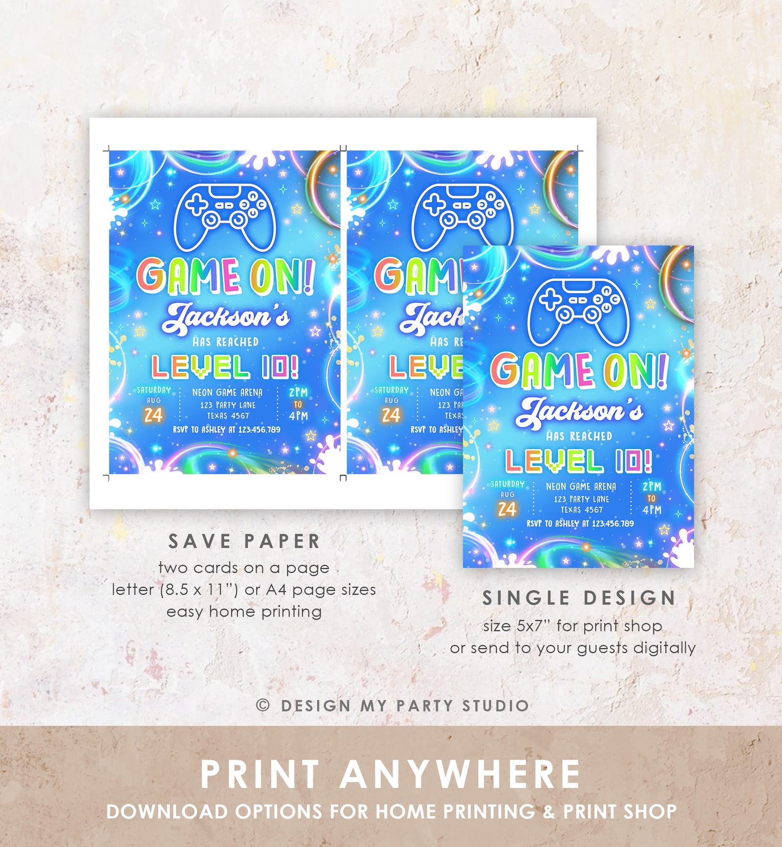 Editable Game On Birthday Invitation Video Game Gamer Level Up Neon Glow Boy Epic Play Party Fun Digital Evite Template Printable 0568