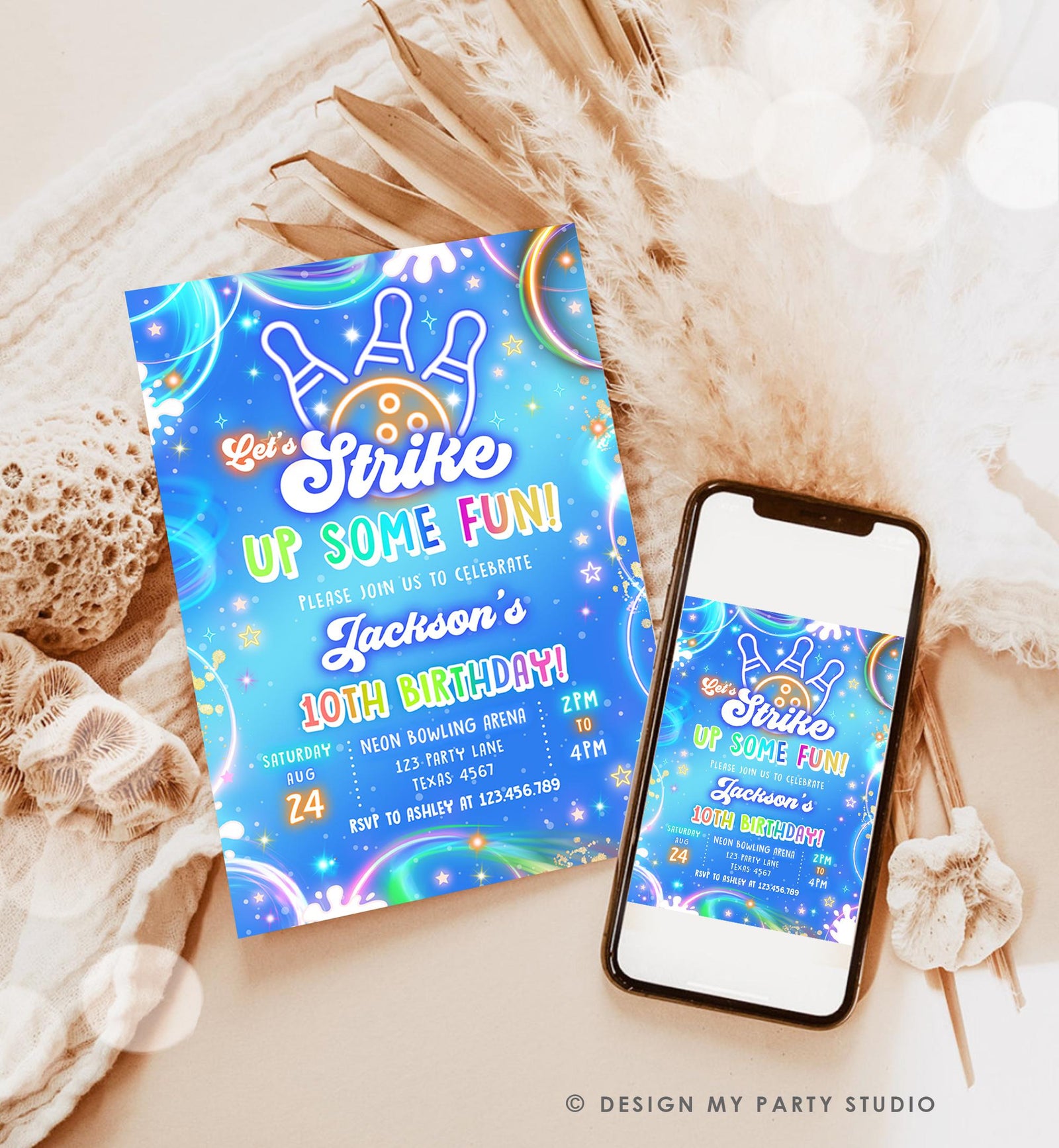 Editable Bowling Birthday Invitation Strike Up Some Fun Boy Bowling Party Blue Orange Neon Glow Download Evite Template Printable 0568