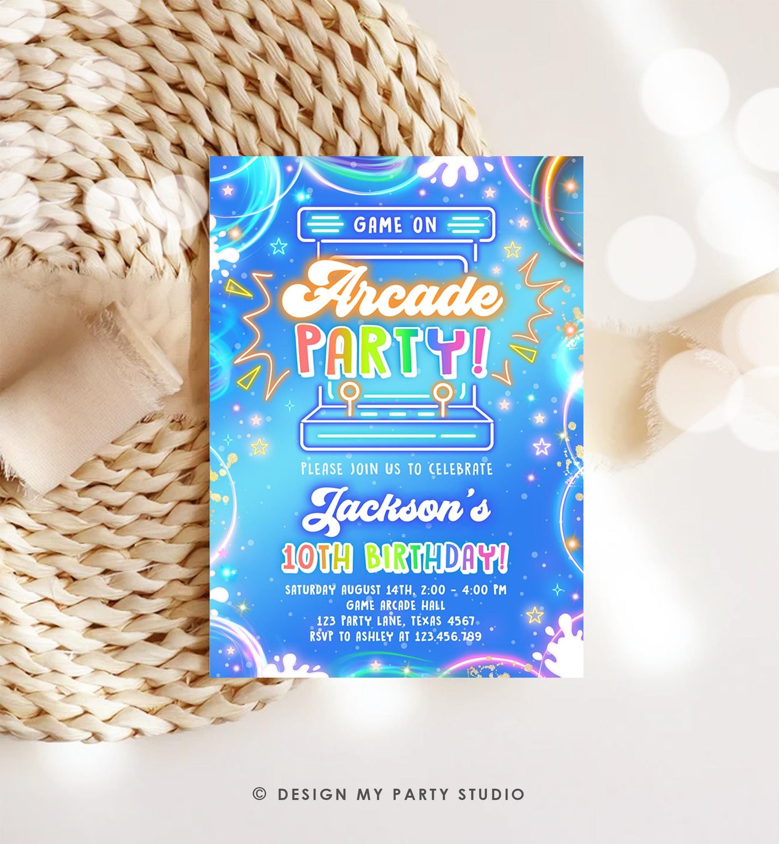 Editable Arcade Party Birthday Invitation Boy Game Gamer Level Up Neon Glow Blue Epic Play Party Fun Digital Evite Template Printable 0568