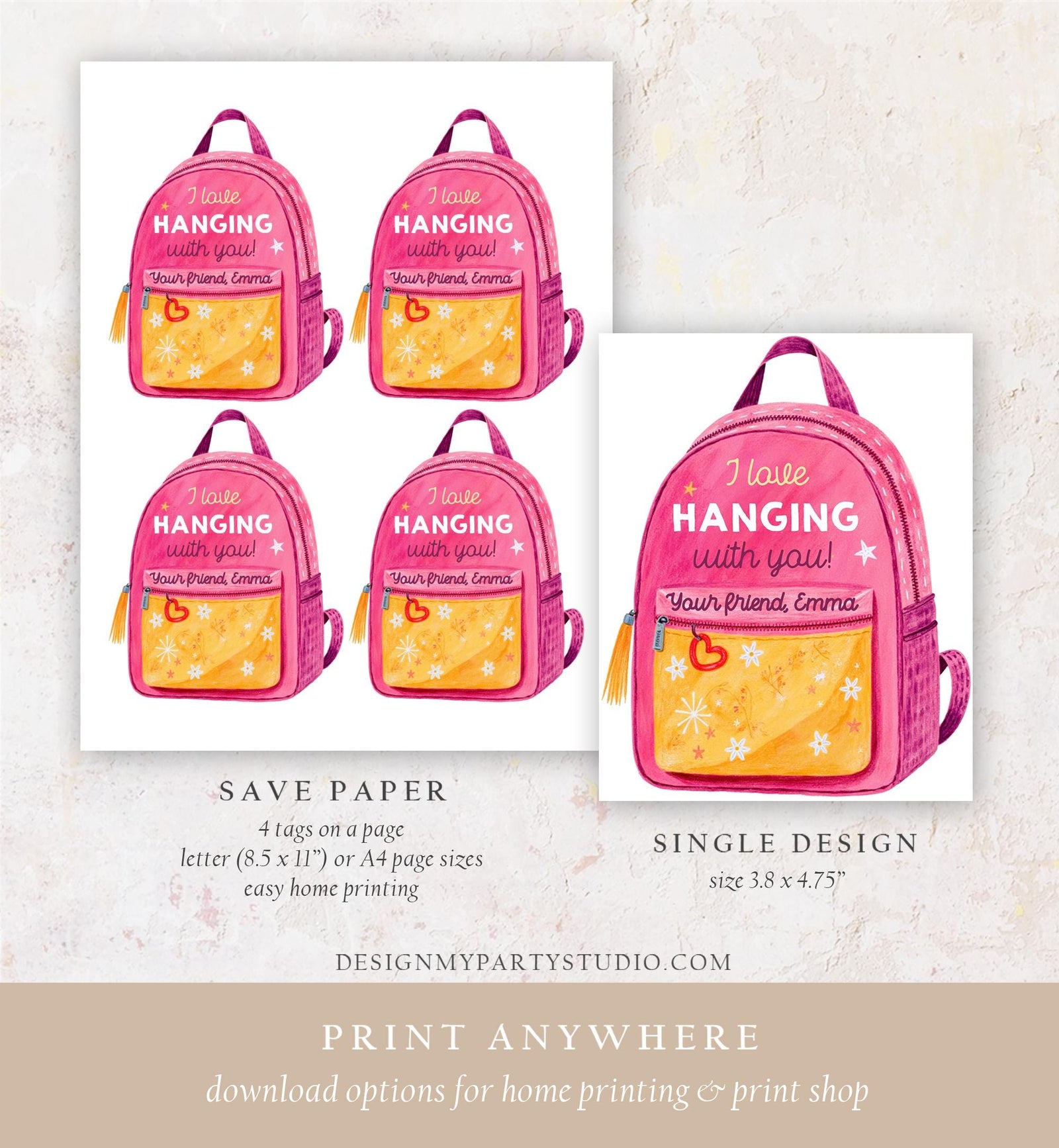 Editable Valentine's Day Keychain Gift Tag Pink Kids School Classroom Gift Backpack Keychain Tag Daycare Digital Download Printable 0370